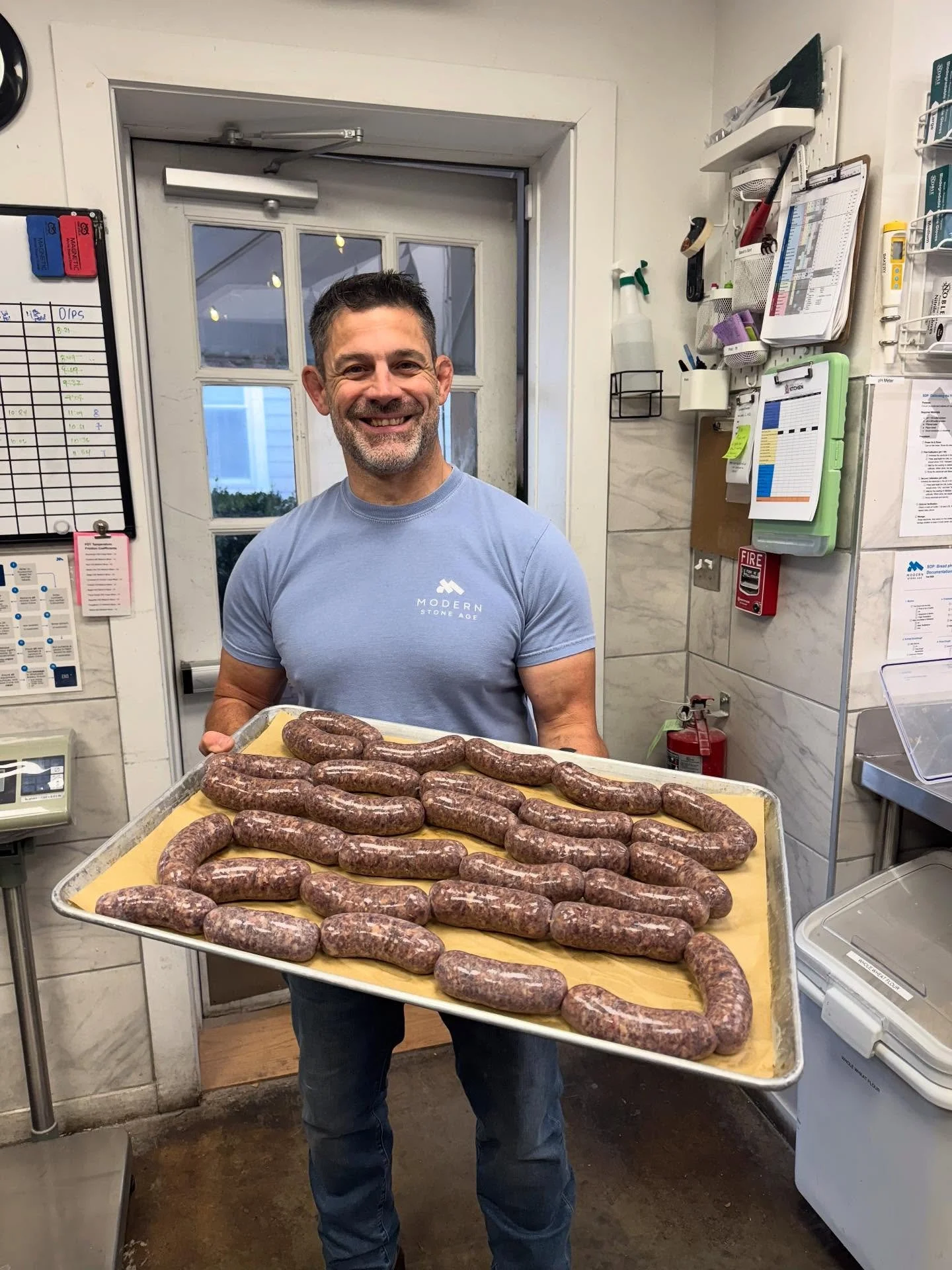 New round of kielbasa ready for the smoker! We make our kielbasa at the Modern Stone Age Kitchen from local grass fed and finished Crow Farm beef, grind it with spices including mustard seed, coriander, white pepper, marjoram, allspice, and garlic, s
