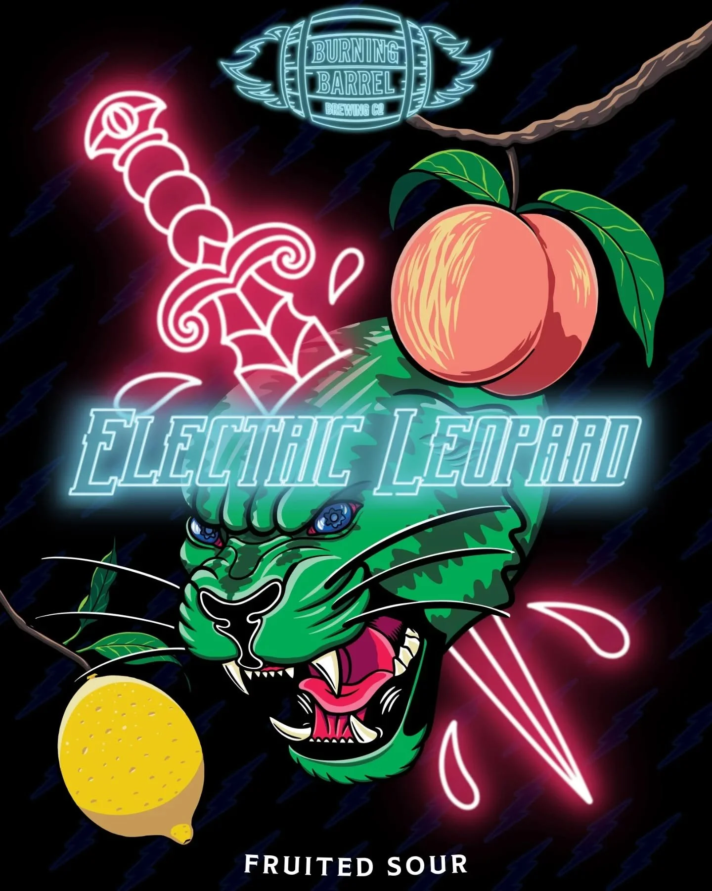 Just because watermelon striped leopards haven't been seen in the wild doesn't mean they don't exist. ⚡ 🐆 
.
Electric Leopard label design for @burningbarrelbrewco 🍻
.
.
.
#labeldesign #beerlabel #illustration #neonsign #neotrad #craftbeer #packagi