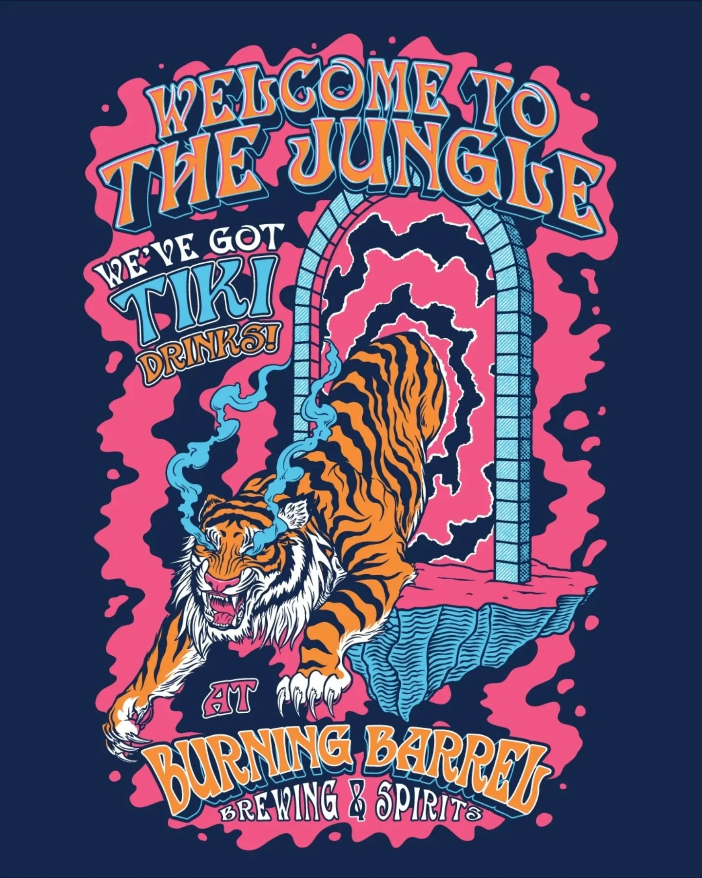 A couple months ago I got to make some fun tiger-portal graphics for @burningbarrelbrewco 's annual Tiki Party, and it turned out rad as hell! 
.
I took the hero graphic from the mixed 4-Pack and made it into a t-shirt and poster design to accompany 