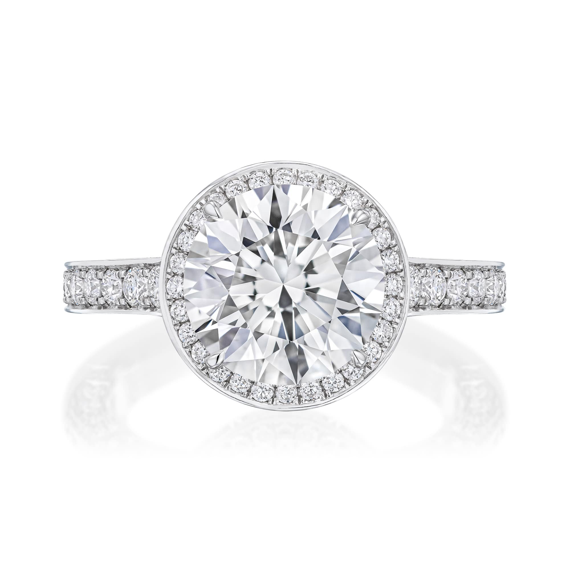 diamond ring with double diamond halo and 3-sided diamond shank