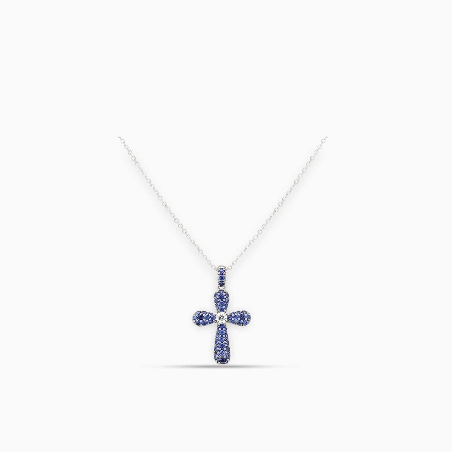 Cross Sapphire & Diamond Pendant in 18K White Gold