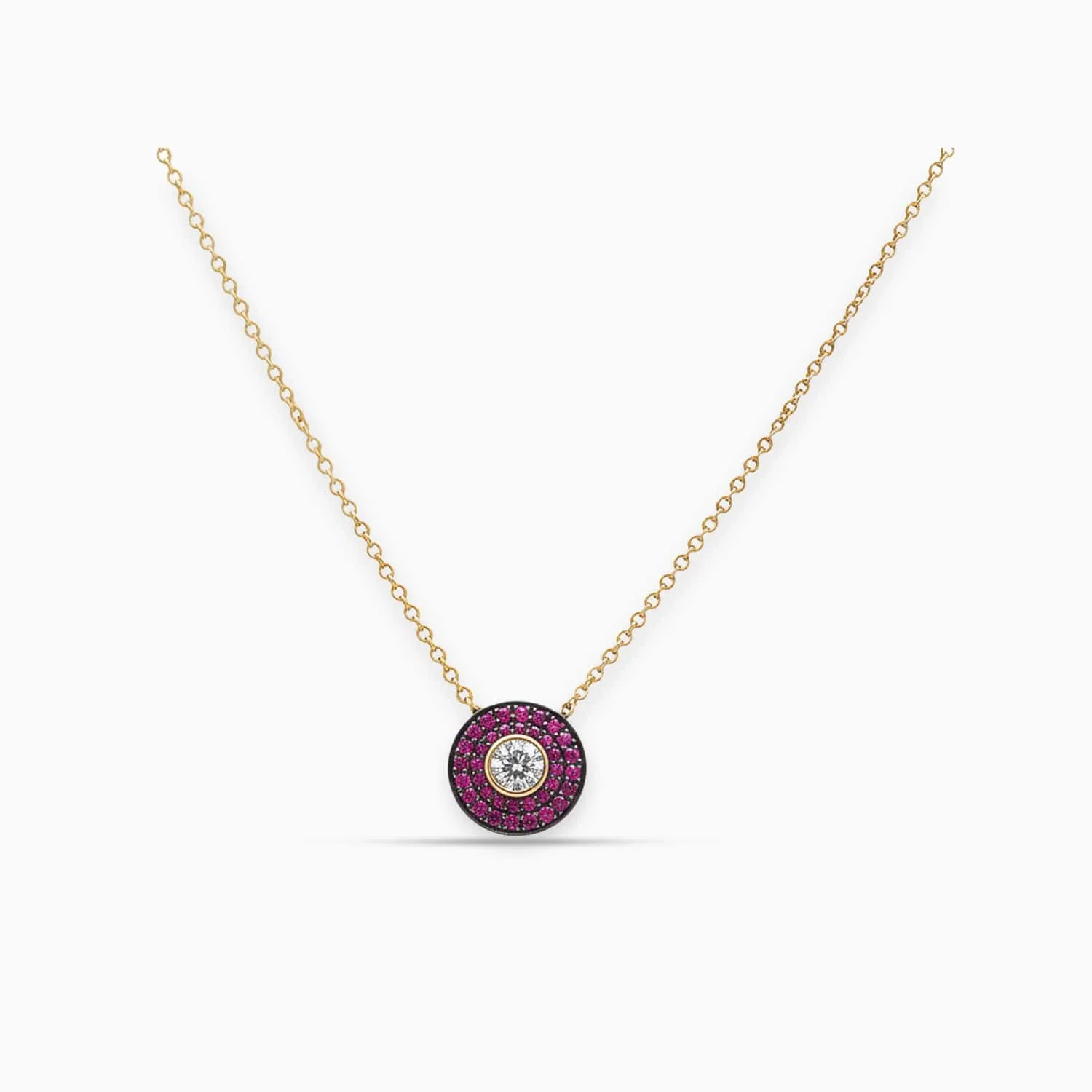 Round Diamond & Pink Sapphire Pendant in 18K Yellow Gold