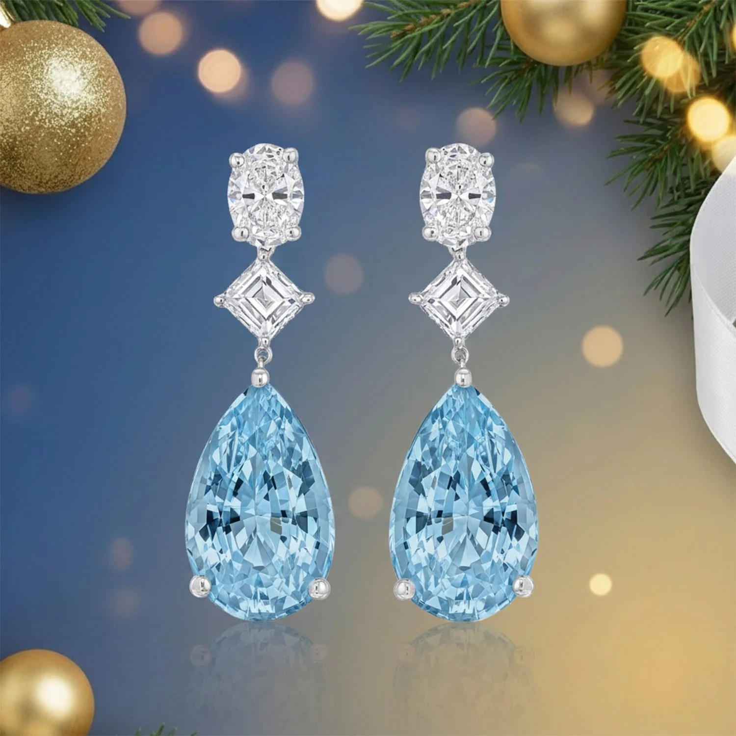Pear Shape Aquamarine, Oval Shape & Asscher Cut Diamond Drop Earrings