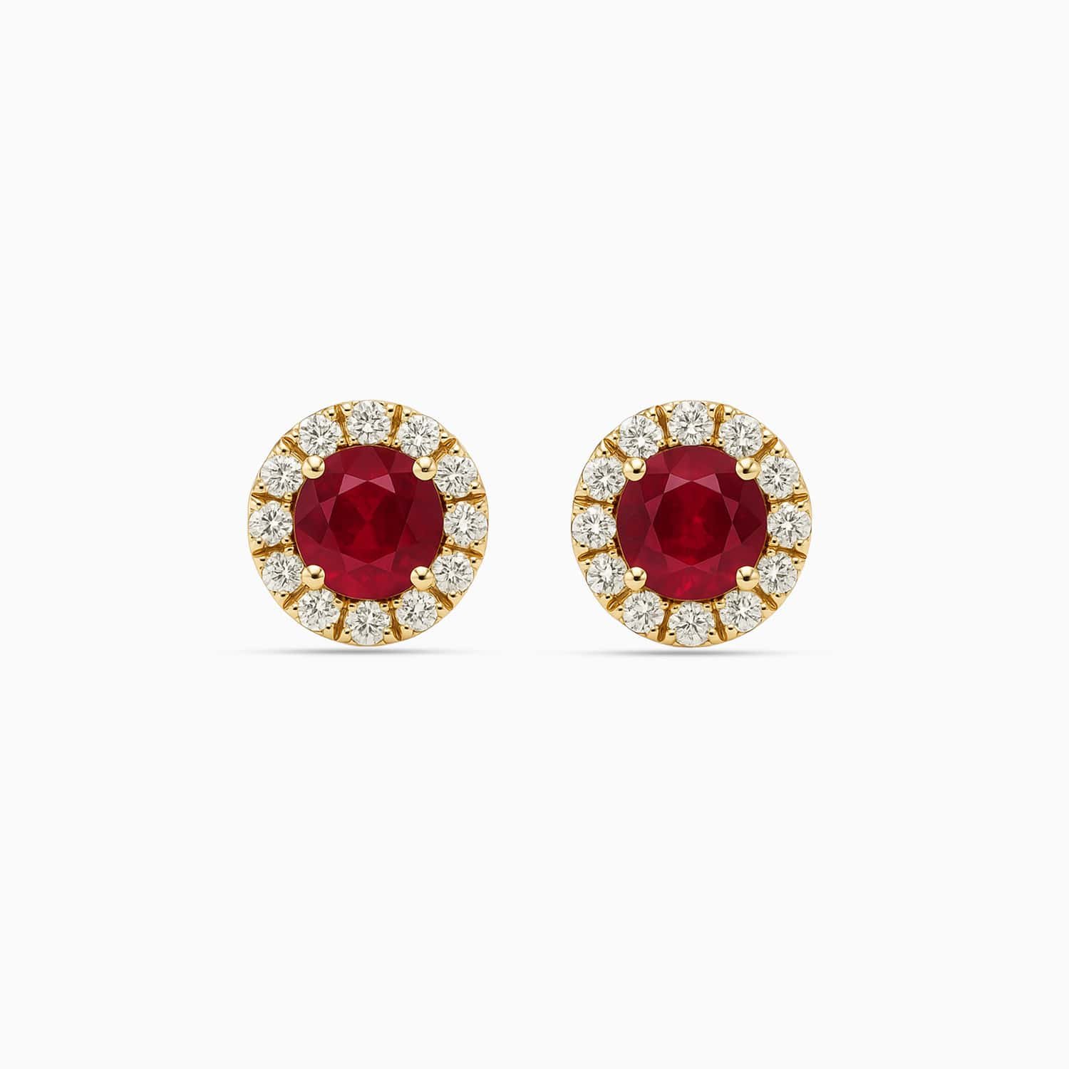 Round Ruby & Diamond Stud Earrings in 14K Yellow Gold