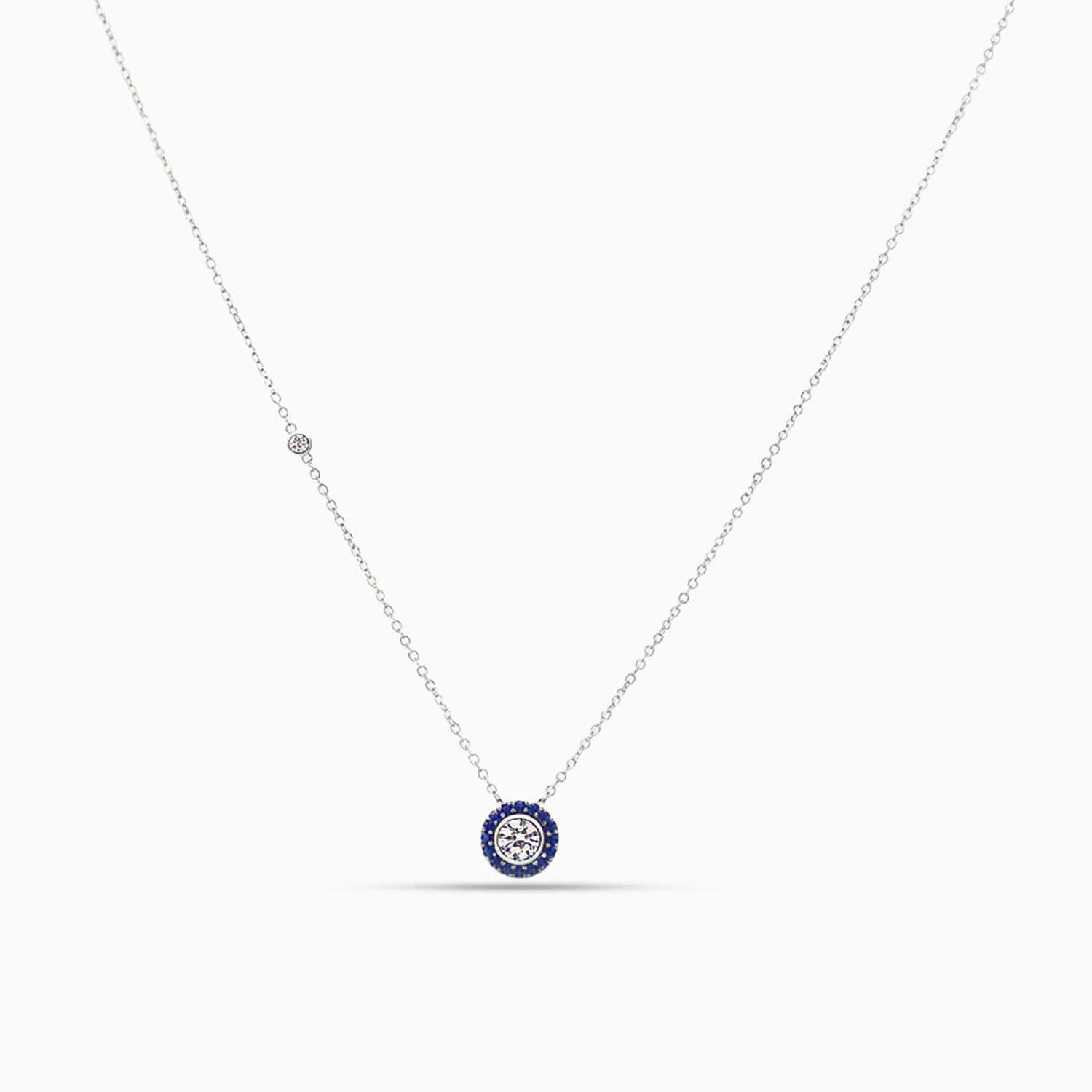 Round Diamond & Sapphire Pendant in 18K White Gold