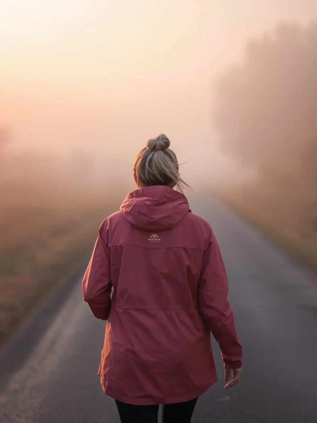 A person with blond hair tied in a bun, wearing a maroon jacket, walking on a foggy road during sunrise or sunset.
