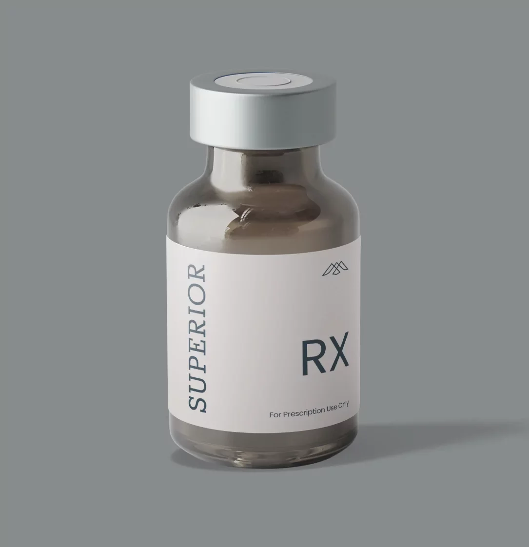 A small glass vial with a gray cap labeled 'Superator RX' and 'For Prescription Use Only' on a light gray background.