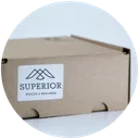 Cardboard box with Superior logo and mountain graphic