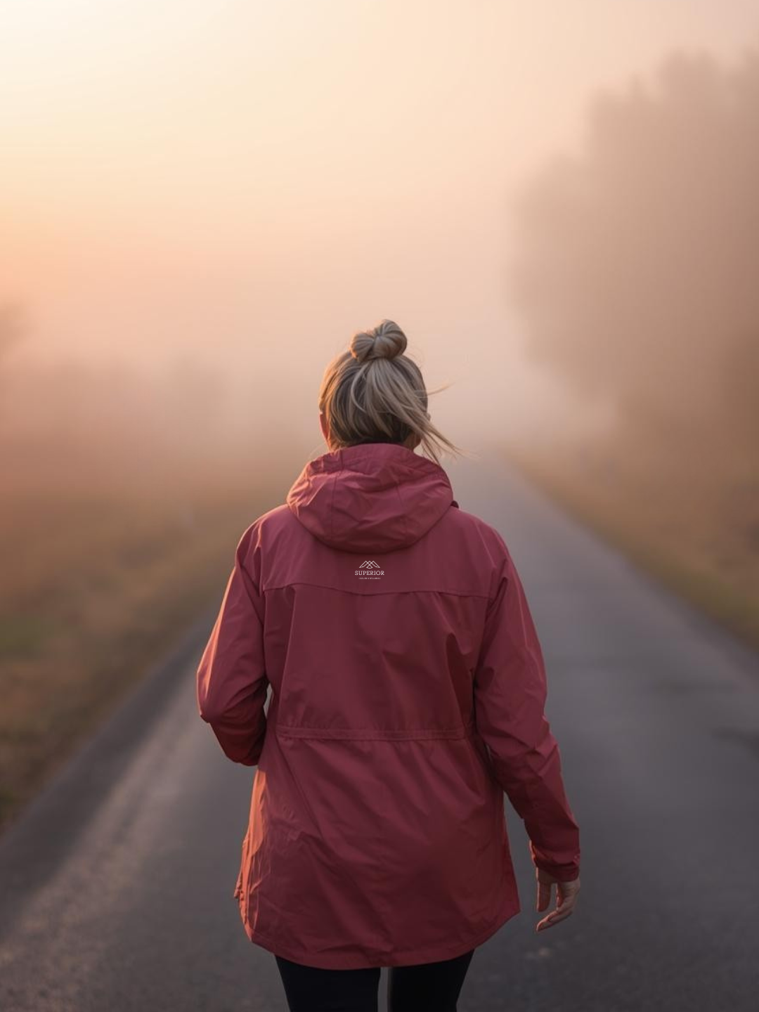 Back of woman with grey hair wearing a pink windbreaker walking on fog country road at sunset