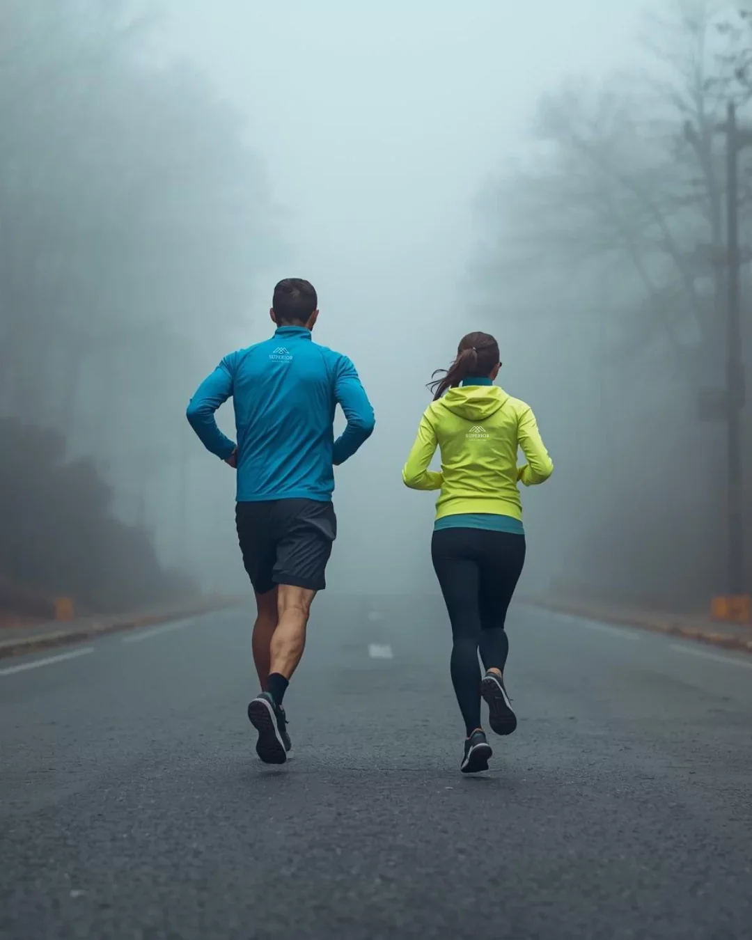 A man and woman jogging on a foggy road surrounded by trees, wearing athletic clothing.