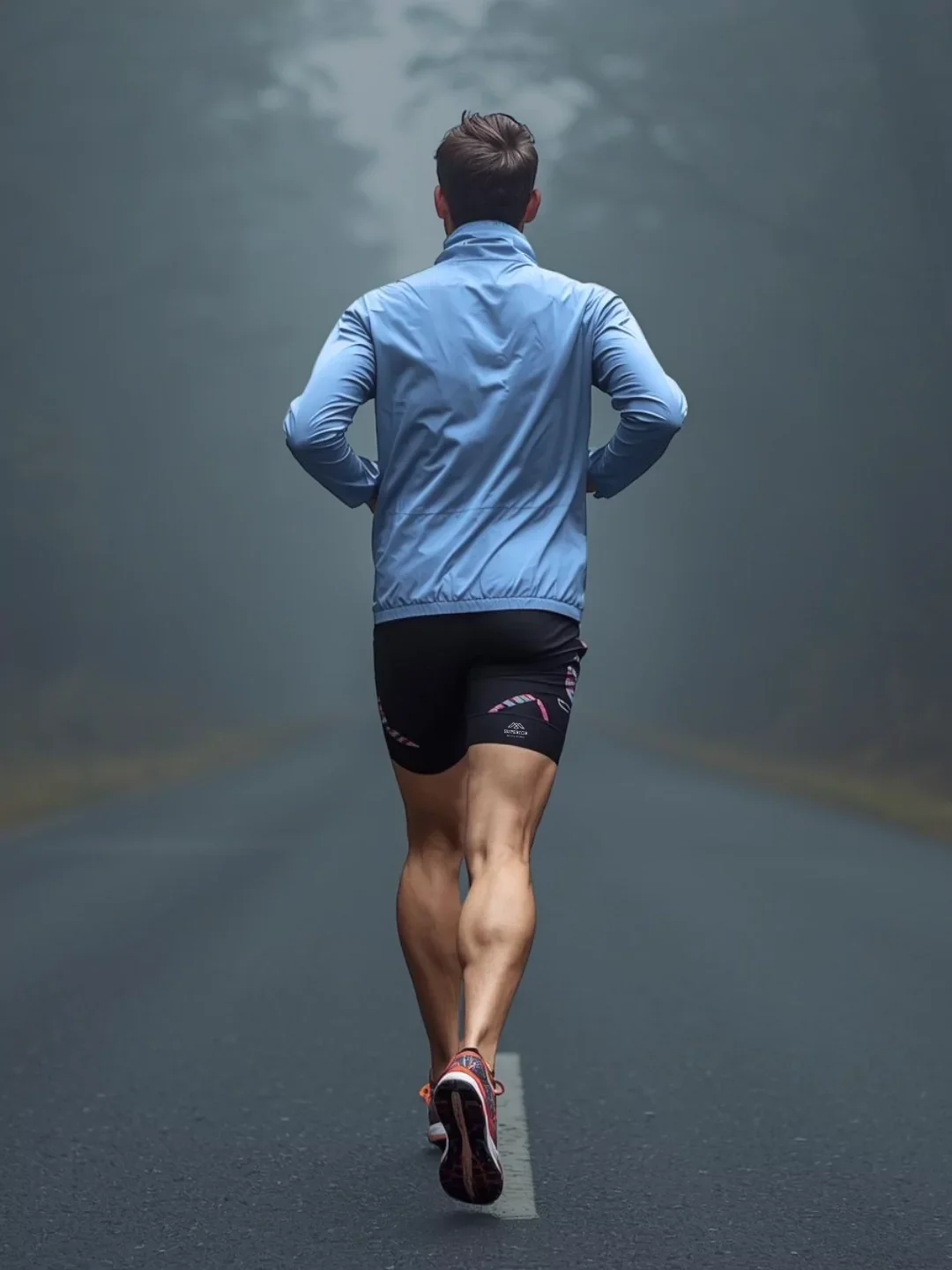 A man running on a foggy road wearing a blue jacket and black shorts.