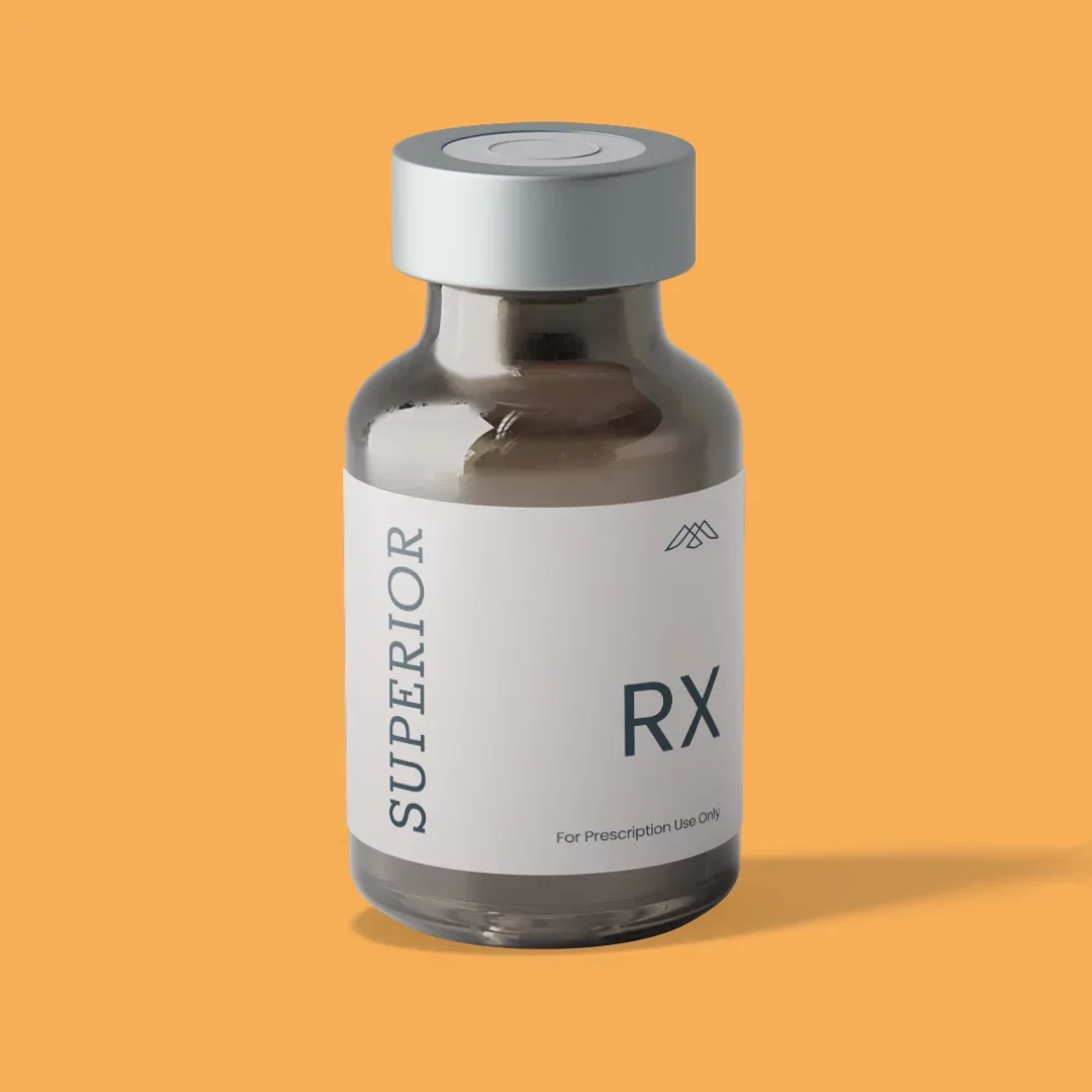 A prescription medication bottle labeled 'SUPERIOR RX' on a solid orange background.