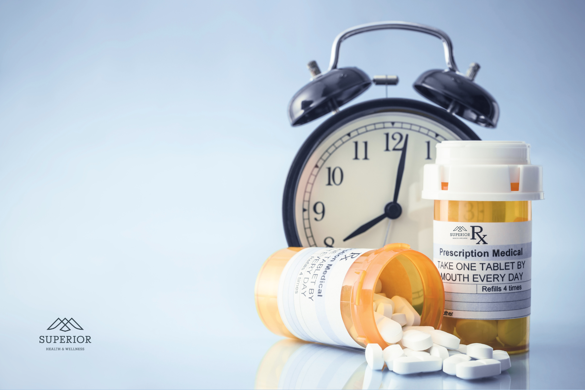 black analog clock prescription pill capsule bottles