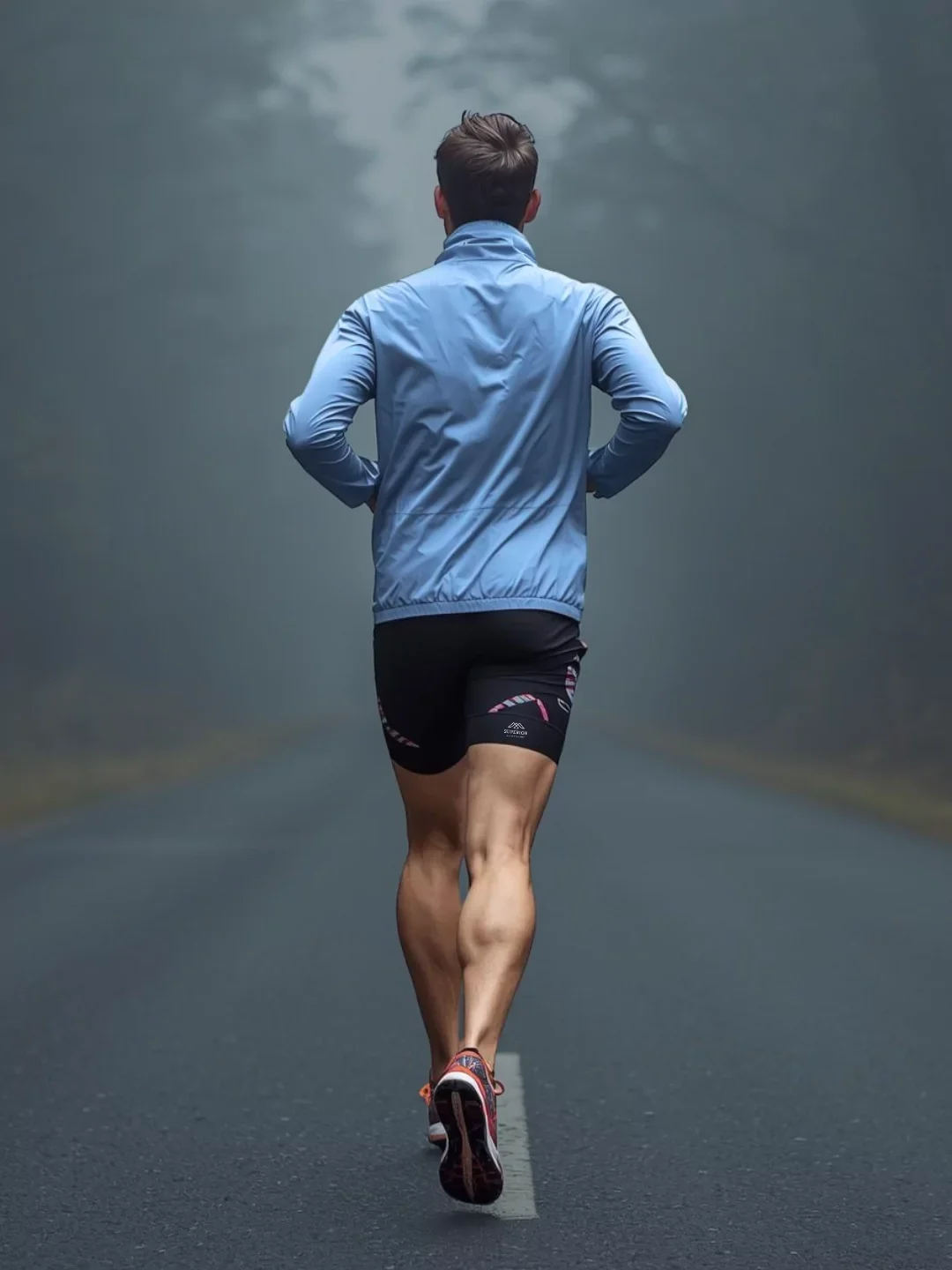 A man running on a foggy road, viewed from behind, wearing a light blue jacket and black and pink running shorts.