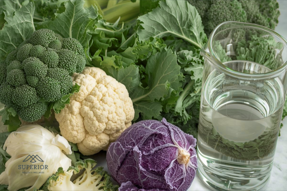 cruciferous vegetables next to water pitcher