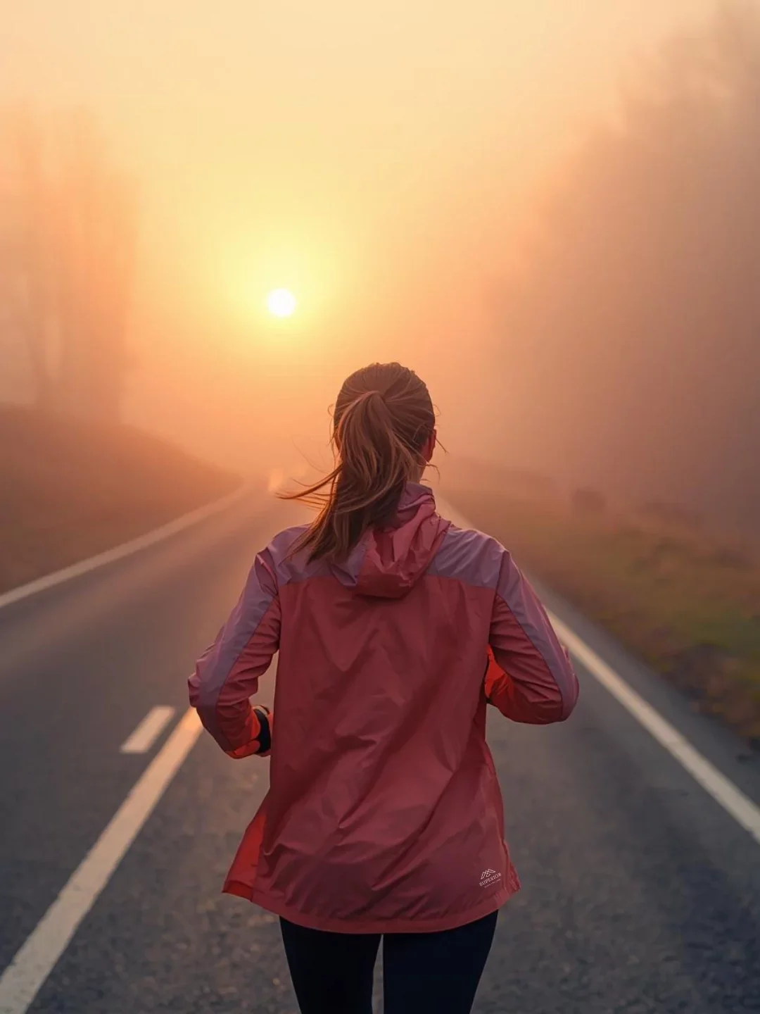 A woman jogging on a foggy road during sunrise or sunset.
