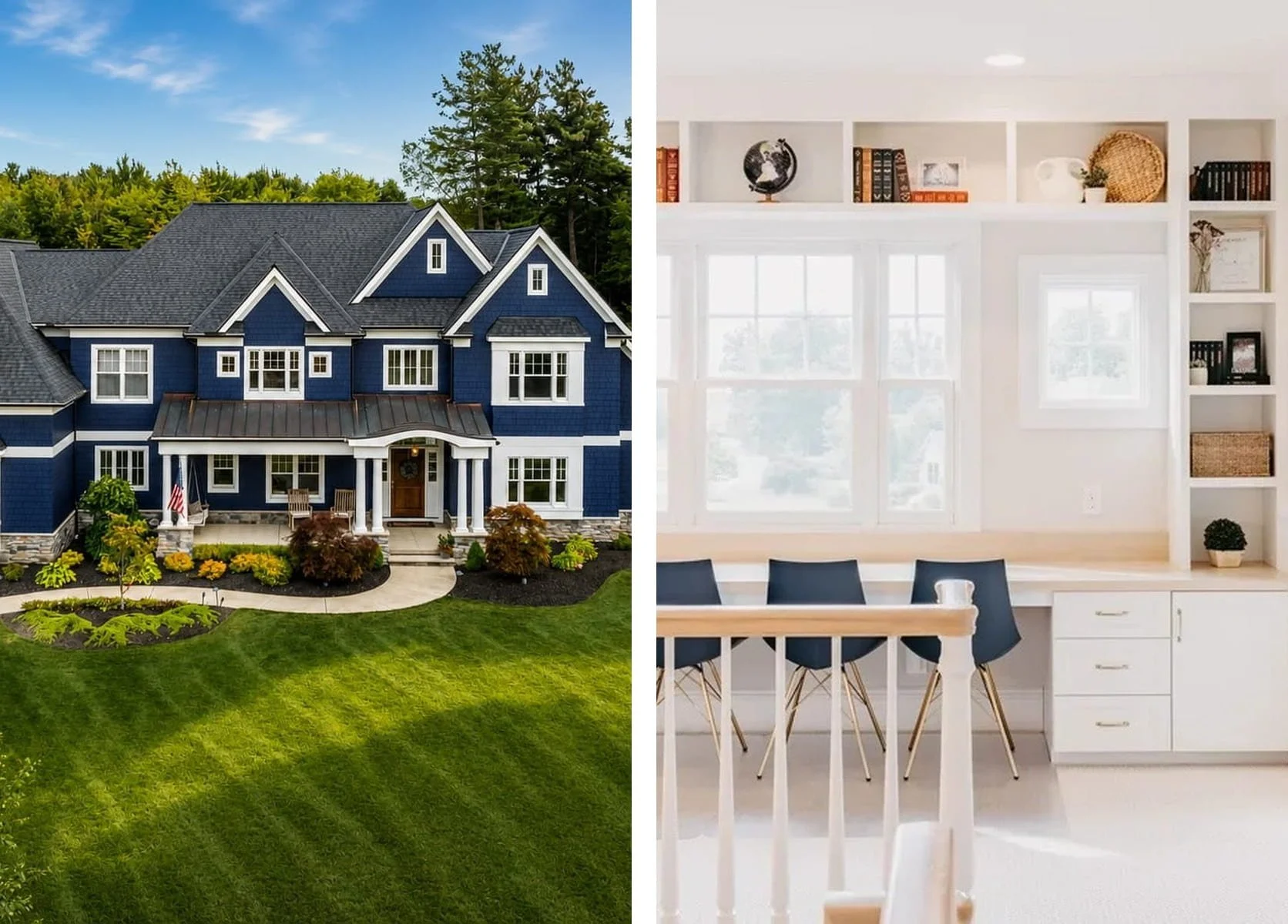 Custom home exterior and interior showing detailed window placement, built-in cabinetry, and natural light