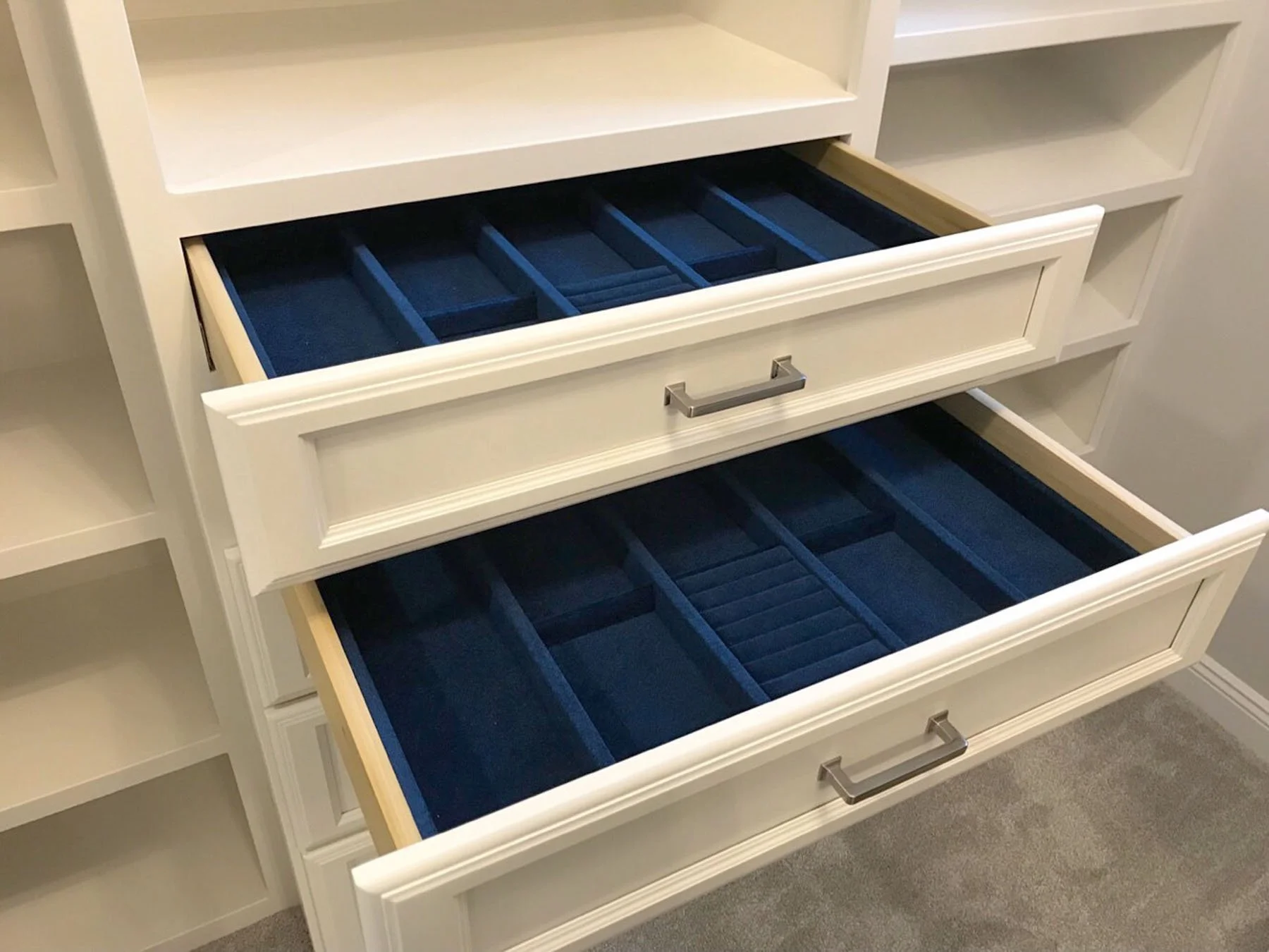 Custom silverware drawers with blue velvet lining