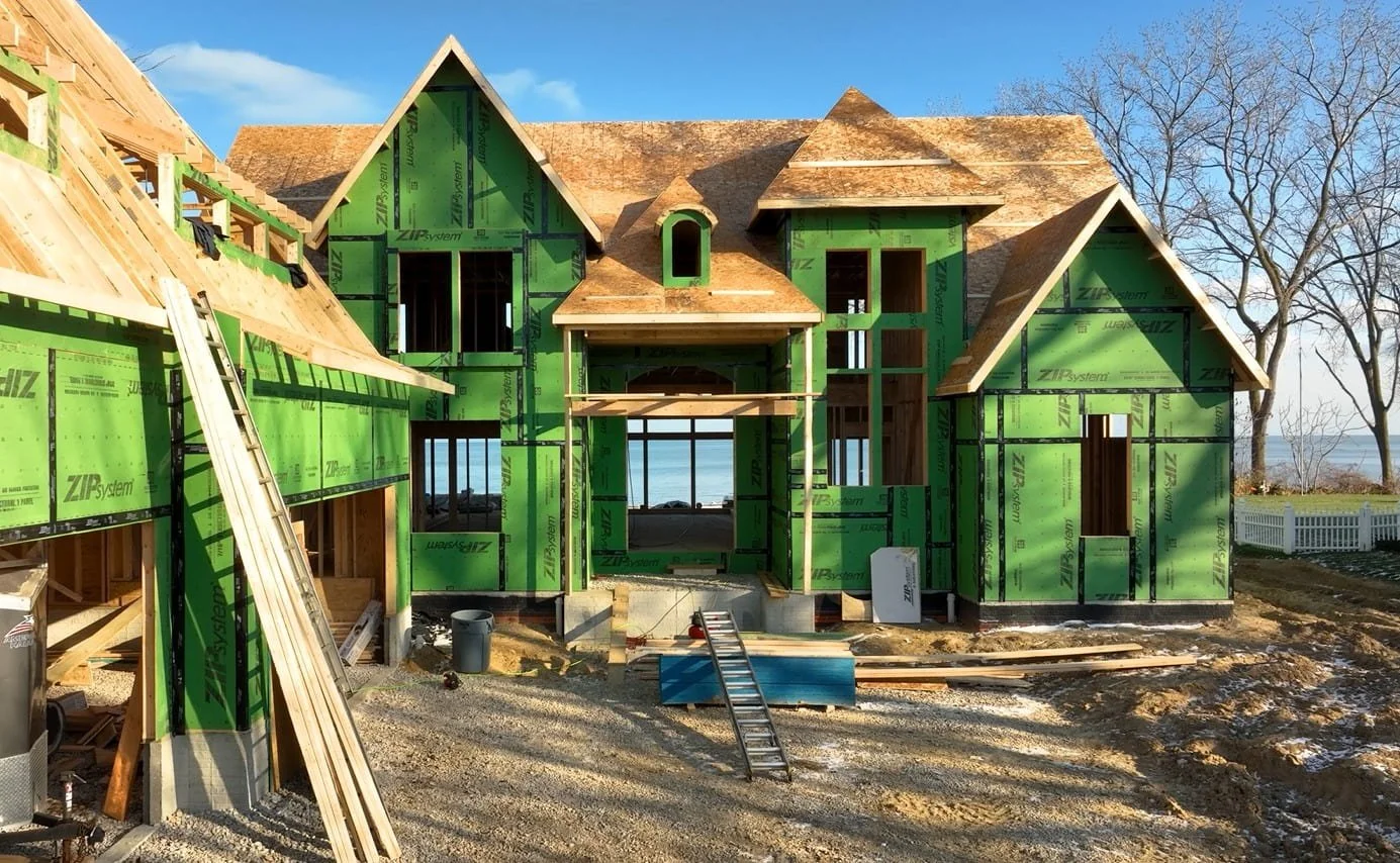 Lake Erie custom home under construction with ZIP System exterior sheathing and engineered building envelope