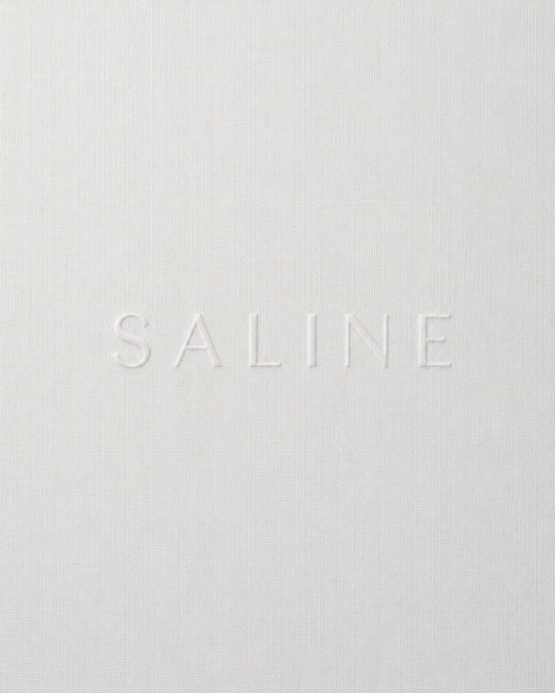 Couverture blanche avec le mot "SALINE" en relief au centre.