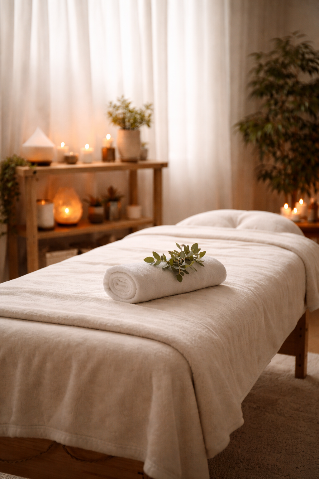 A massage table in a spa room, covered with a white towel, with a rolled towel and green leaves on top. In the background, candles and plants create a calming atmosphere.