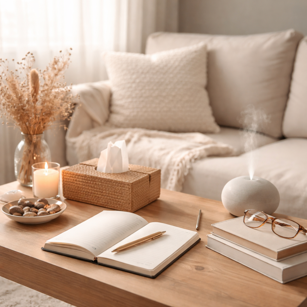 Living room with a wooden coffee table holding an open notebook with a pen, a stack of books with glasses on top, a ceramic diffuser emitting mist, and a small tray of stones. In the background, there is a light-colored sofa with textured pillows, a cozy blanket, a candle, a vase of dried flowers, and soft natural lighting through curtains.