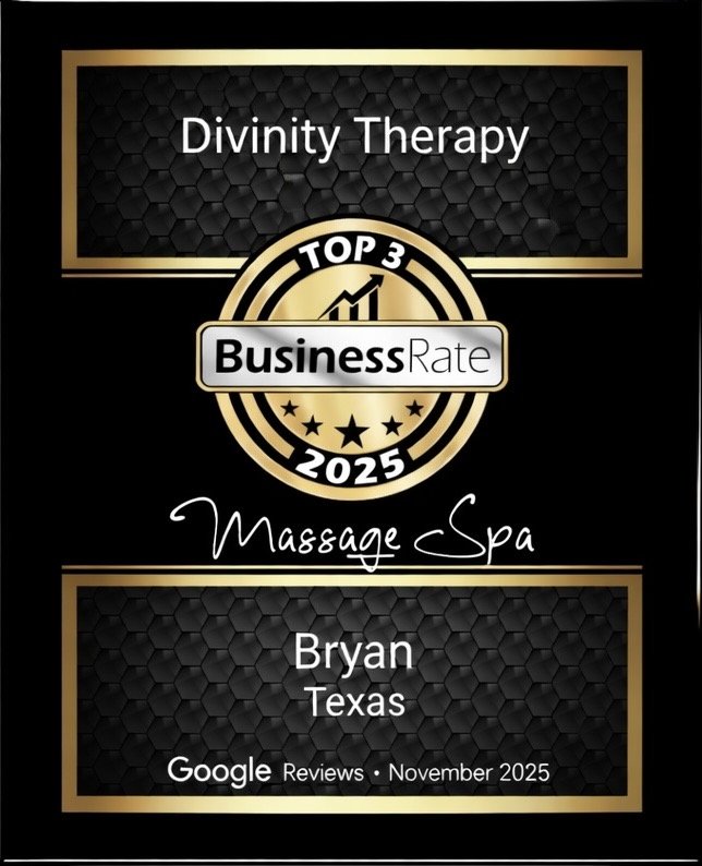 An award badge recognizing Bryan's Massage Spa in Texas as one of the top three businesses in the 2025 Divinity Therapy Business Rate rankings, based on Google reviews in November 2025.