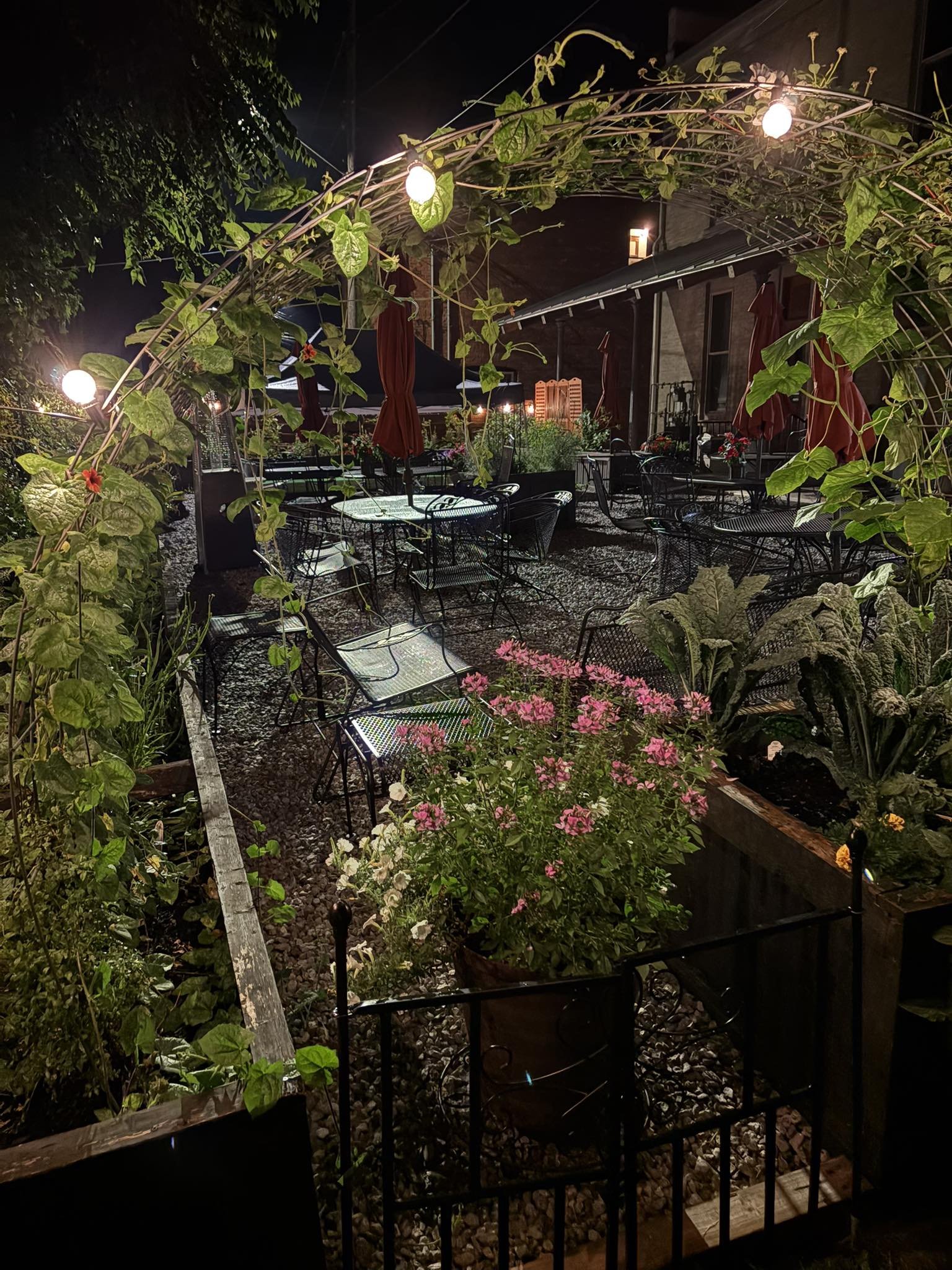 A night time veiw of the Whiskey Garden.