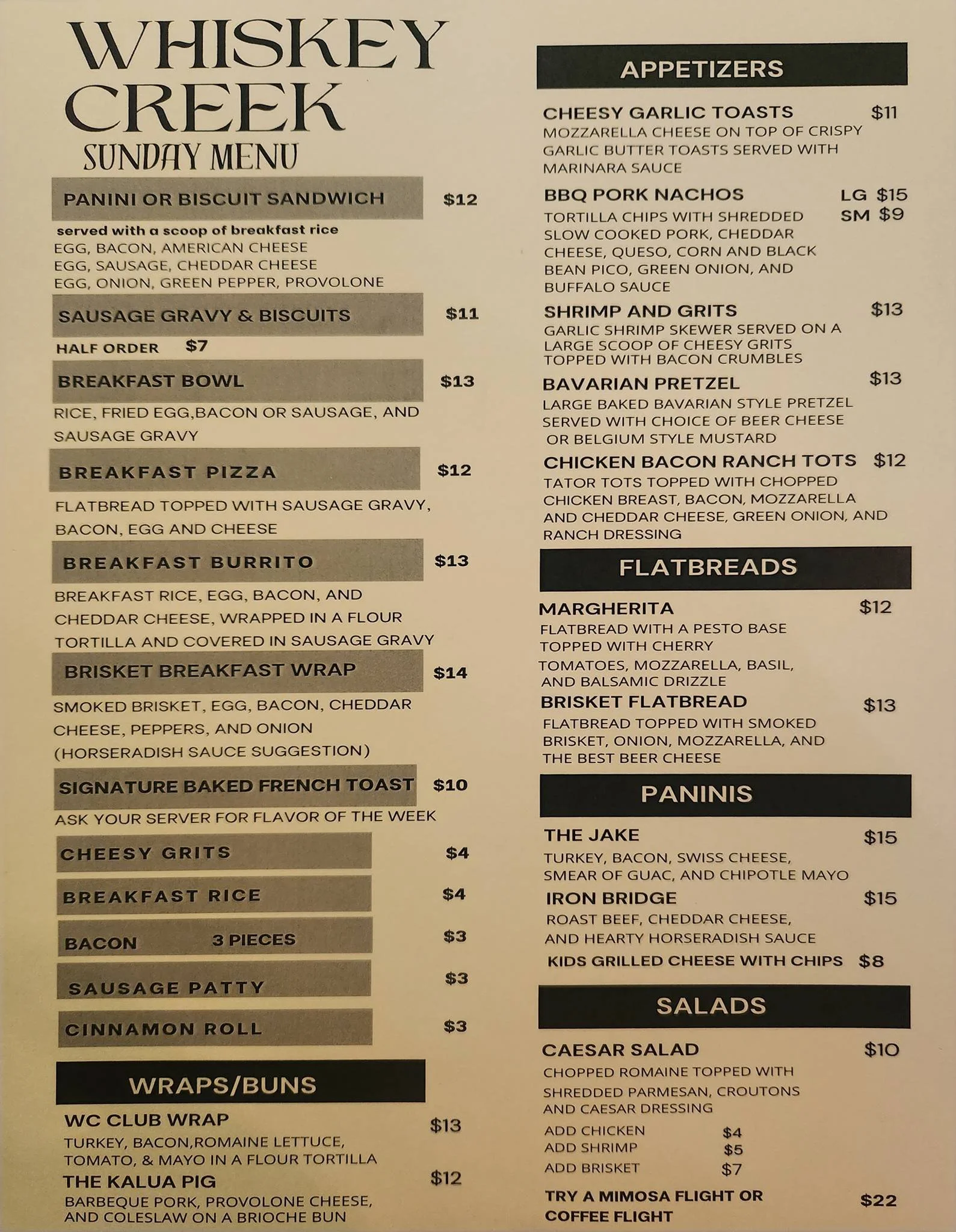 The Whiskey Creek Sunday Menu as of December 1st, 2025. 