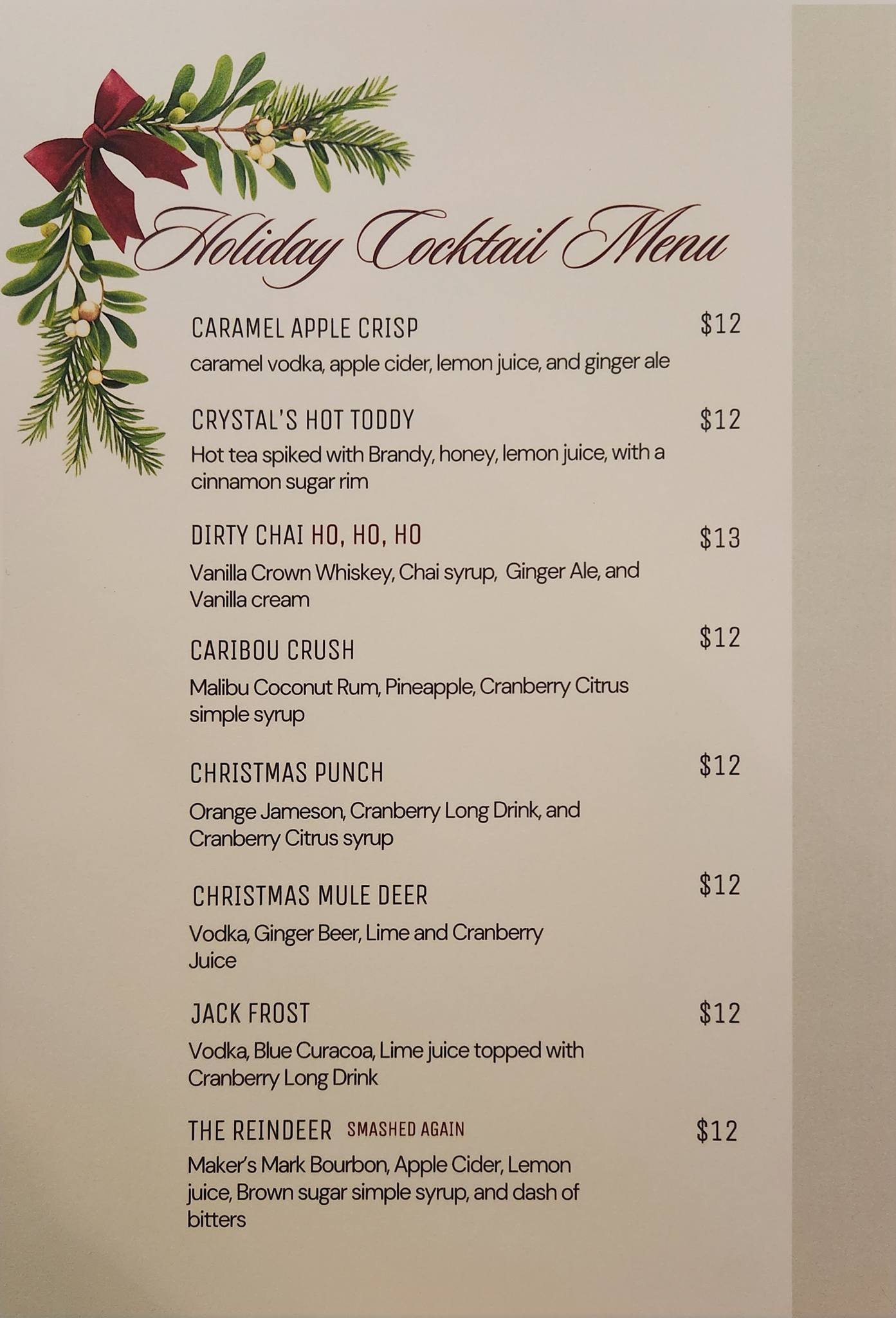 The Whiskey Creek Cocktail Menu as of December 1st, 2025.