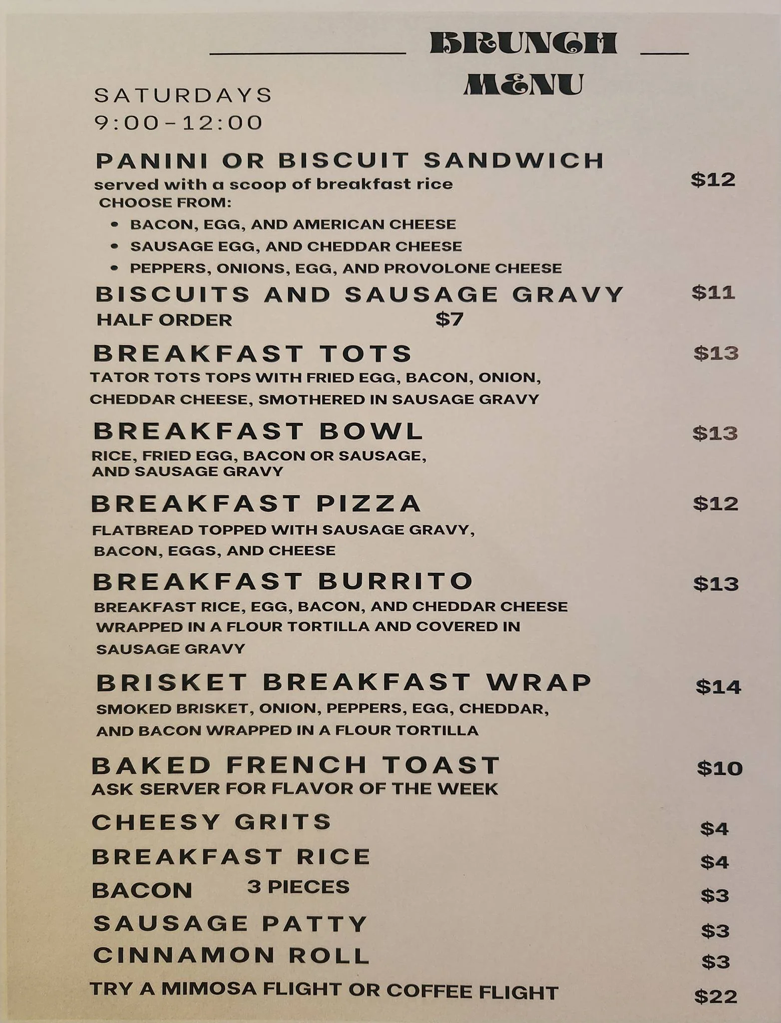 The Whiskey Creek Brunch Menu as of December 1st, 2025.