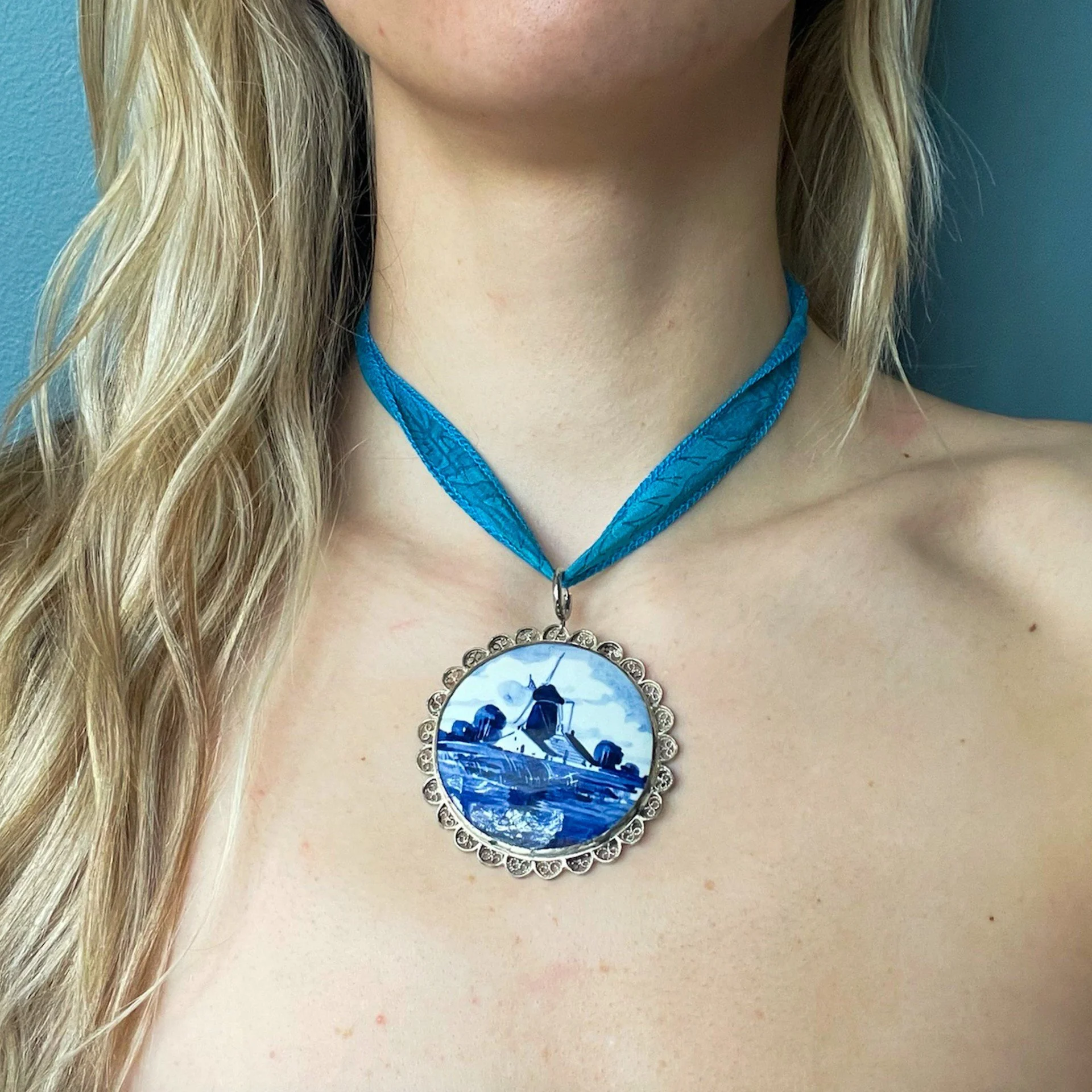 Antique Sterling Silver Delft Blue Silk Ribbon Necklace