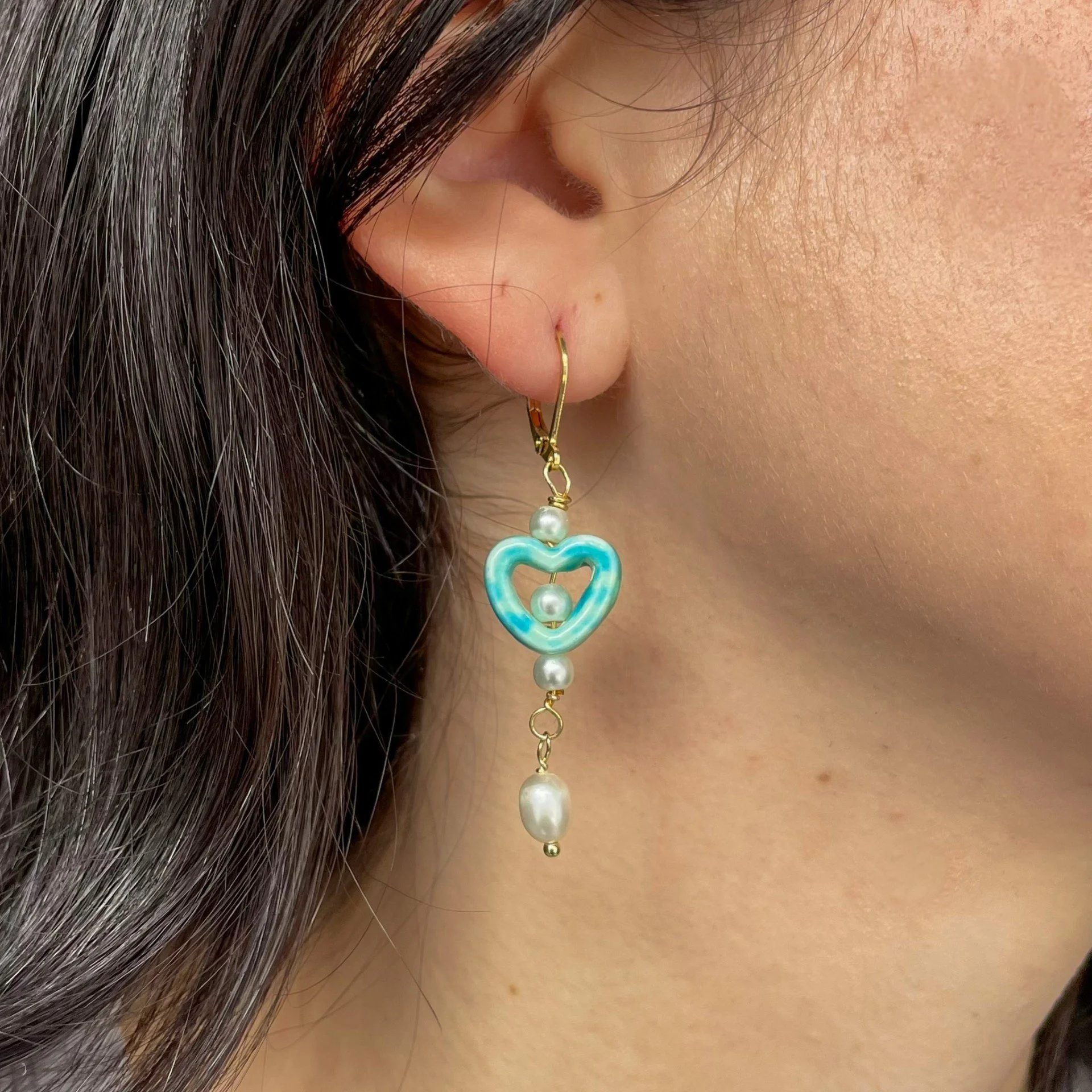 Blue Heart & Freshwater Pearl Gold Dangles