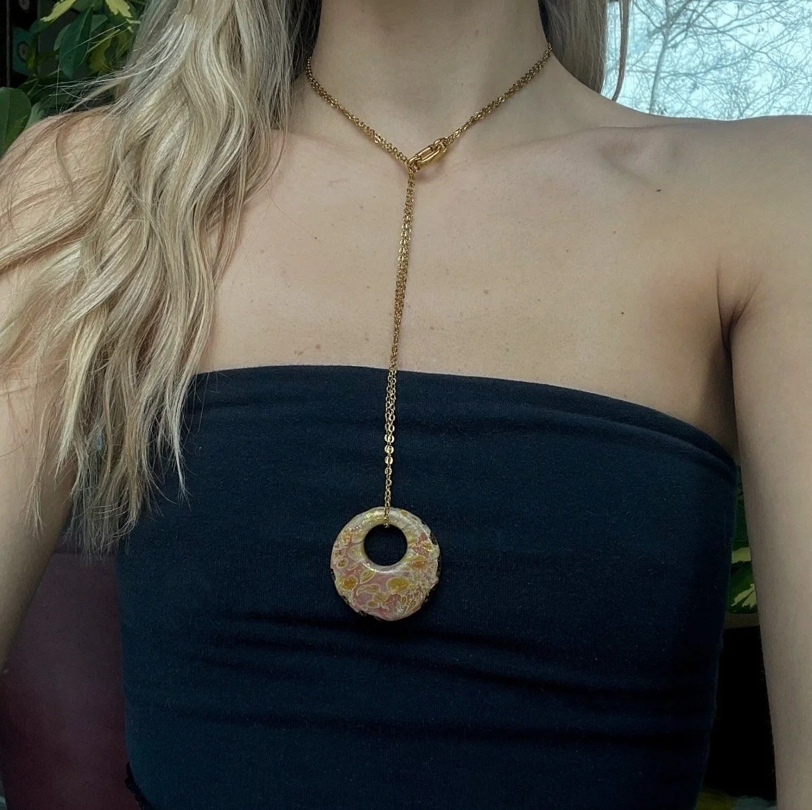 Pink & Orange Glass Blown Gold Necklace