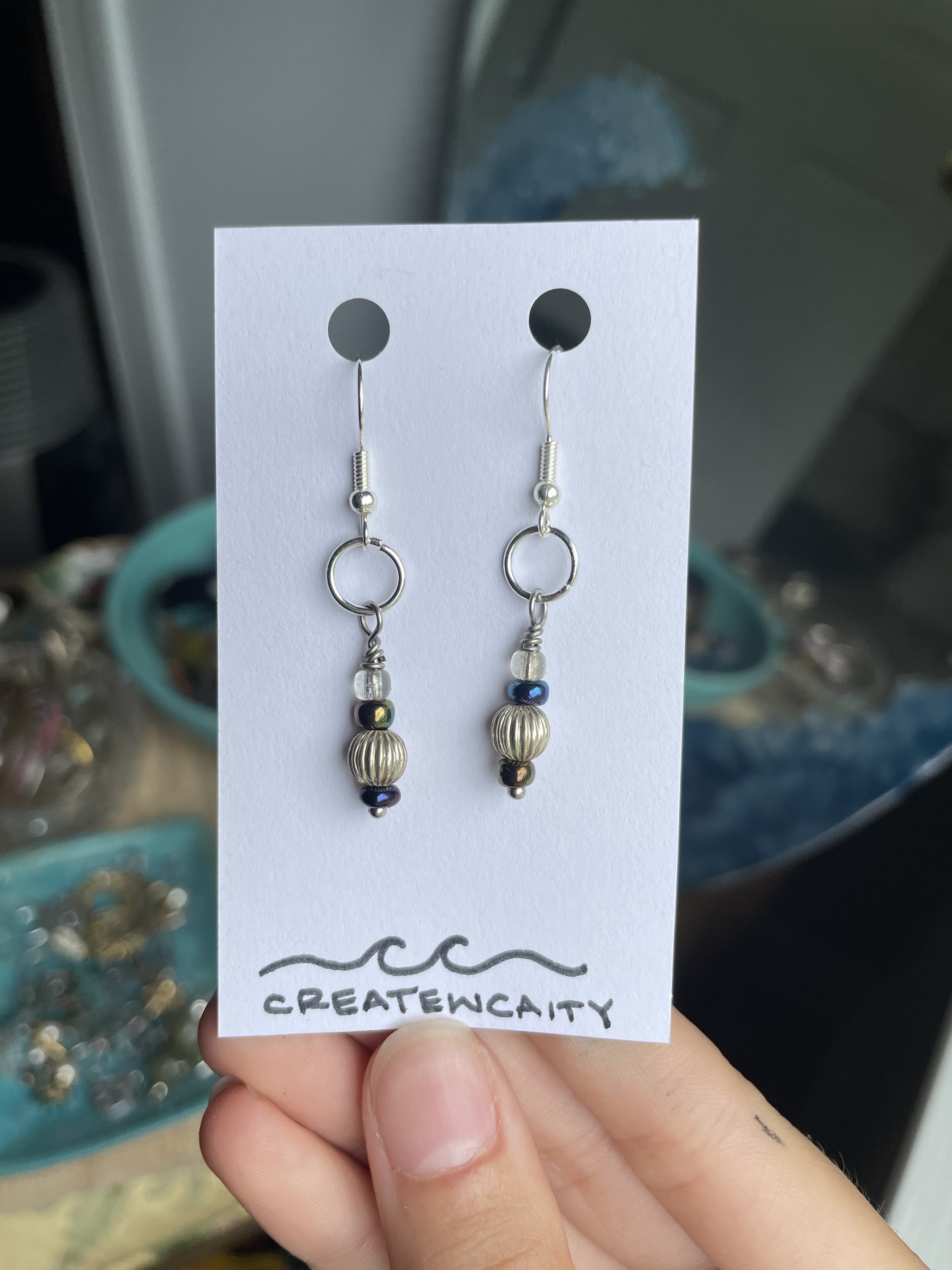 Greece inspired silver, royal blue, bronze and crystal dangle earrings.