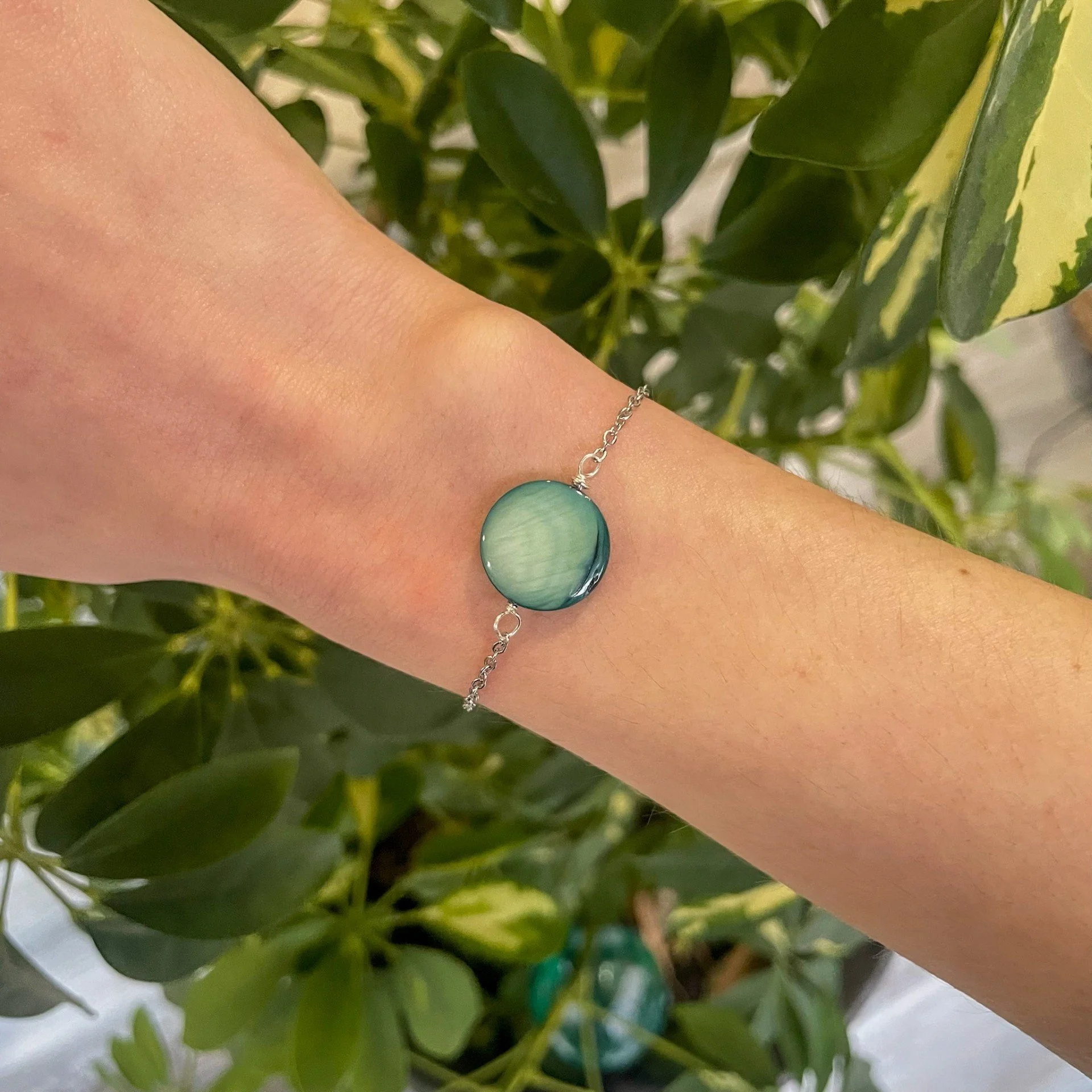 Teal Dyed Shell Silver Chain Bracelet