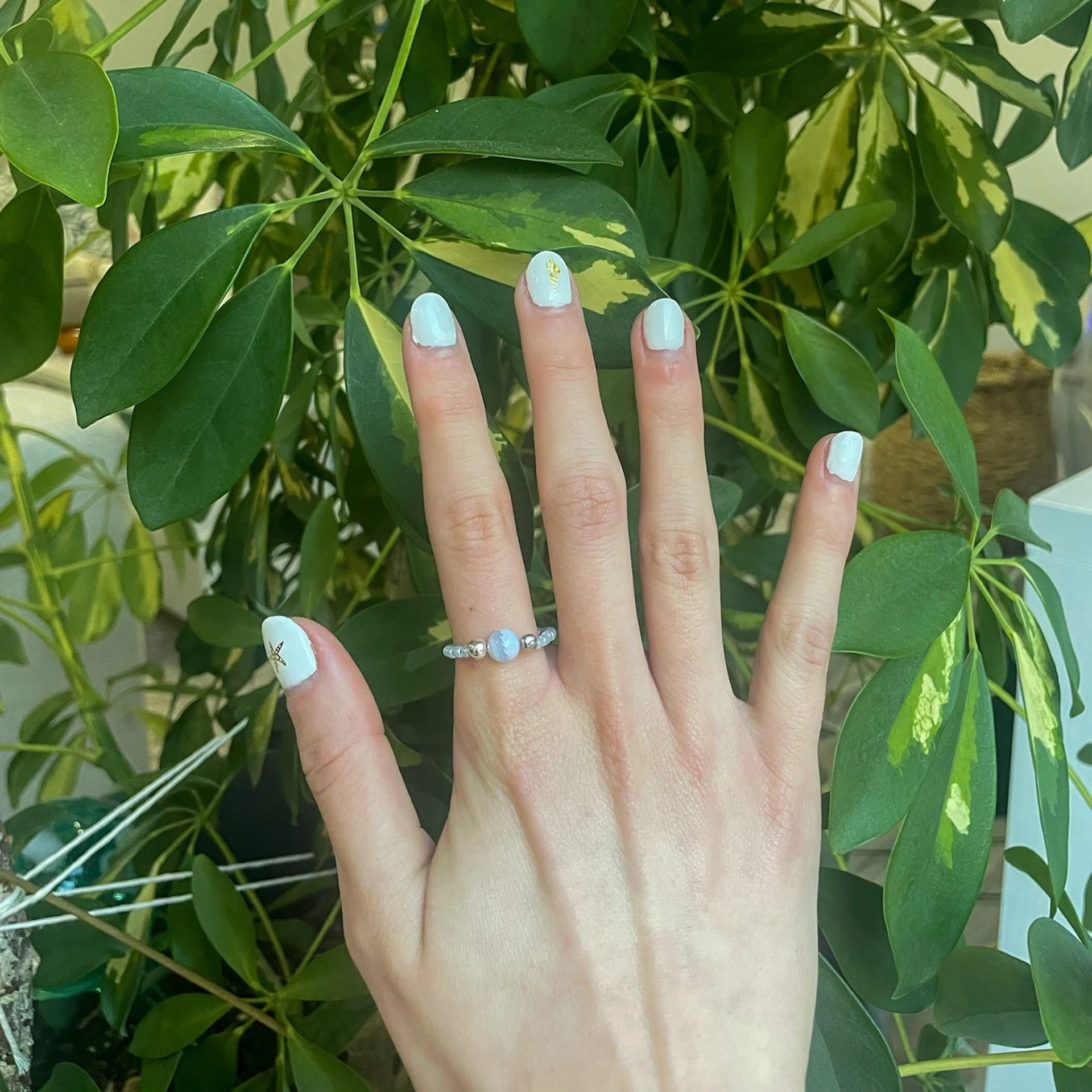 Blue Calcite Silver Beaded Ring