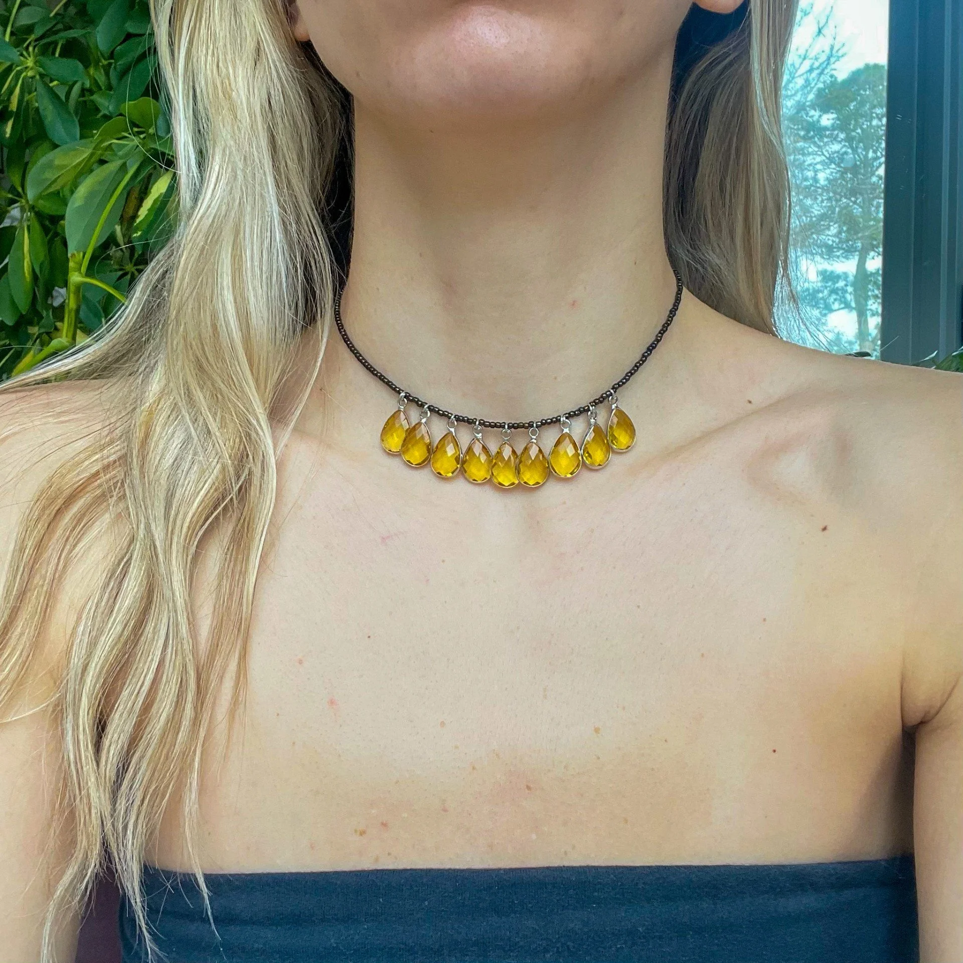 Mixed Metal Citrine Teardrop Charm Beaded Choker