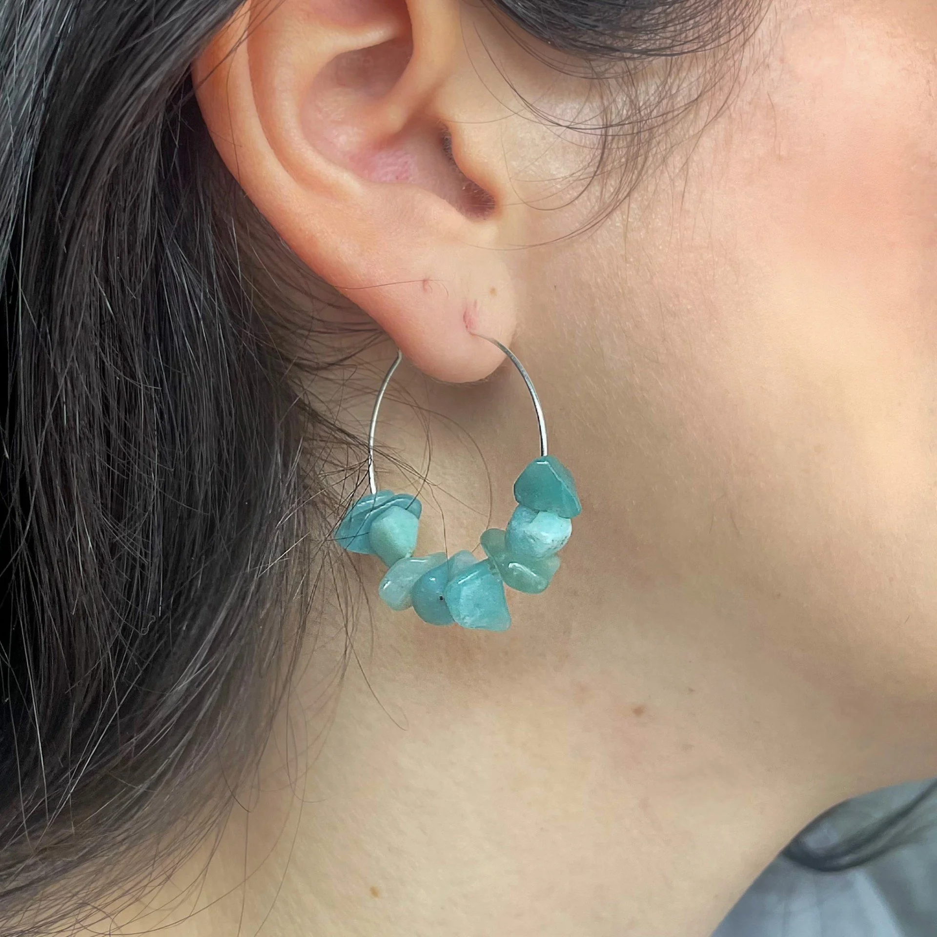 Green and Blue stone silver hoop earrings wearing.jpeg