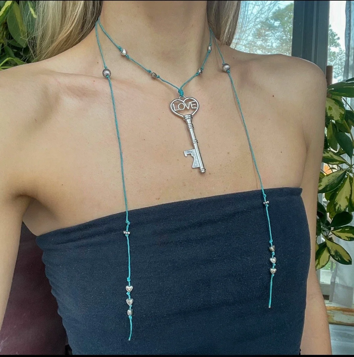 Vintage Silver Key & Blue Wrap Necklace