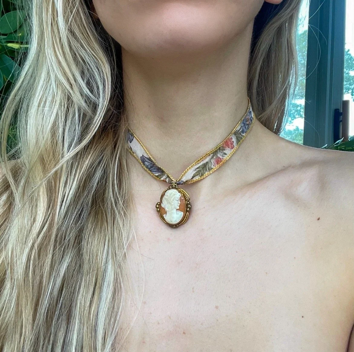 Antique Gold Cameo Floral Silk Ribbon Necklace