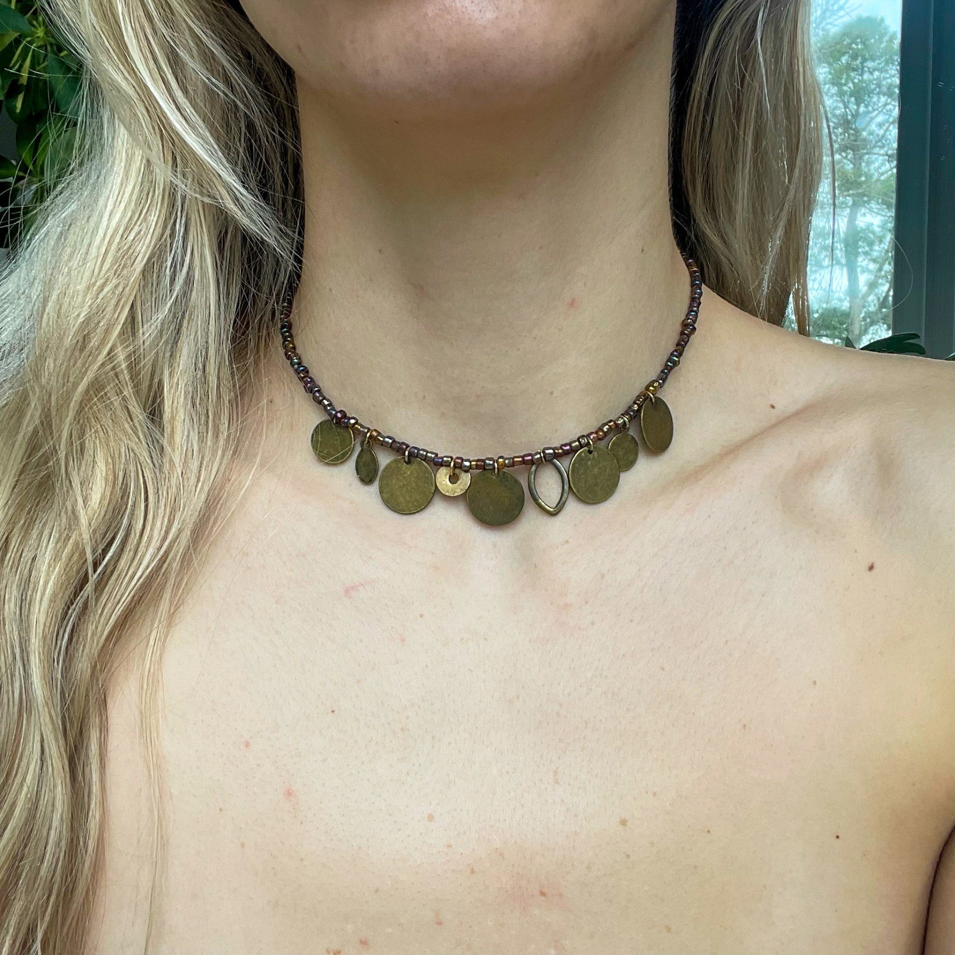 Vintage Brass Charm Beaded Choker