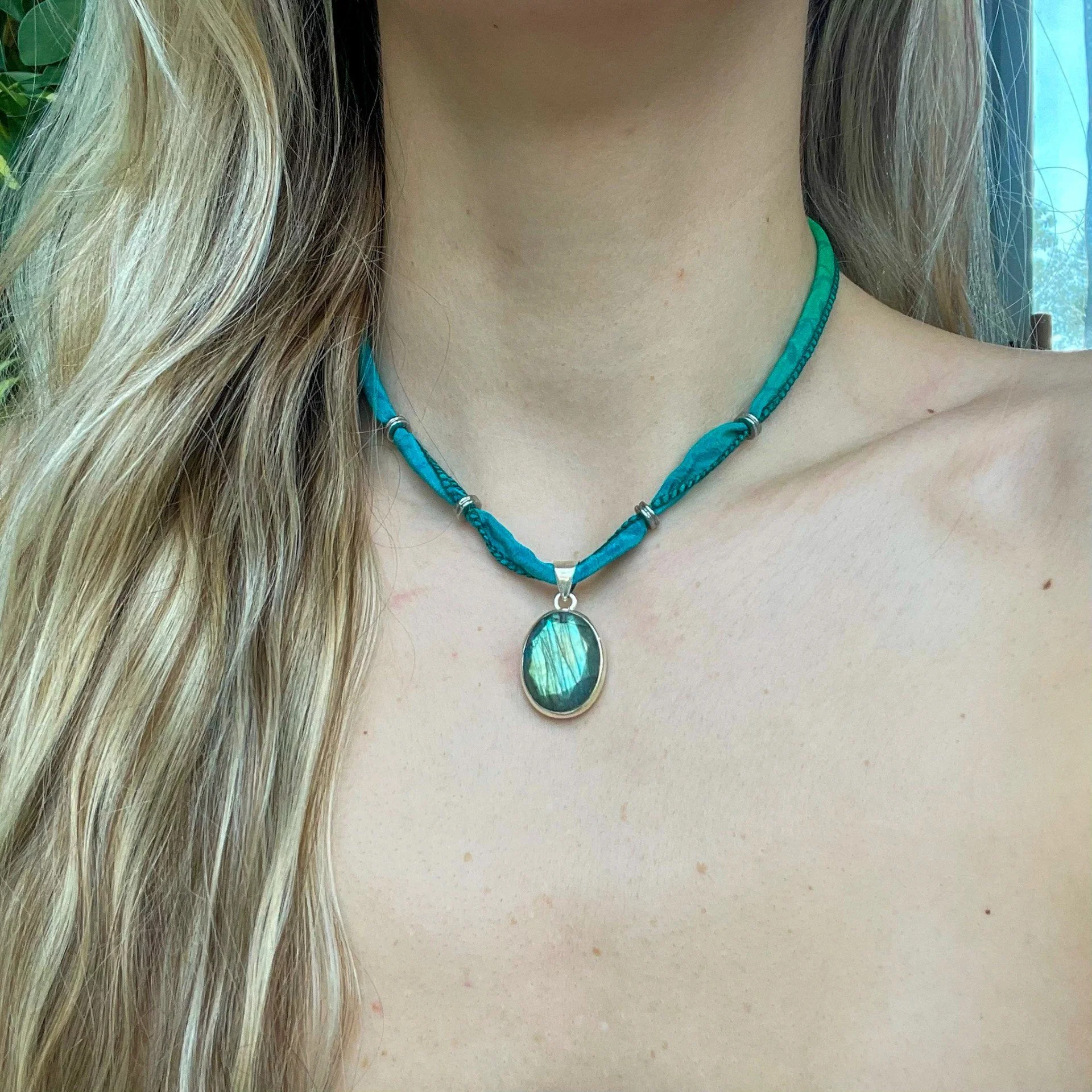 Labradorite Teal Silk Ribbon Necklace