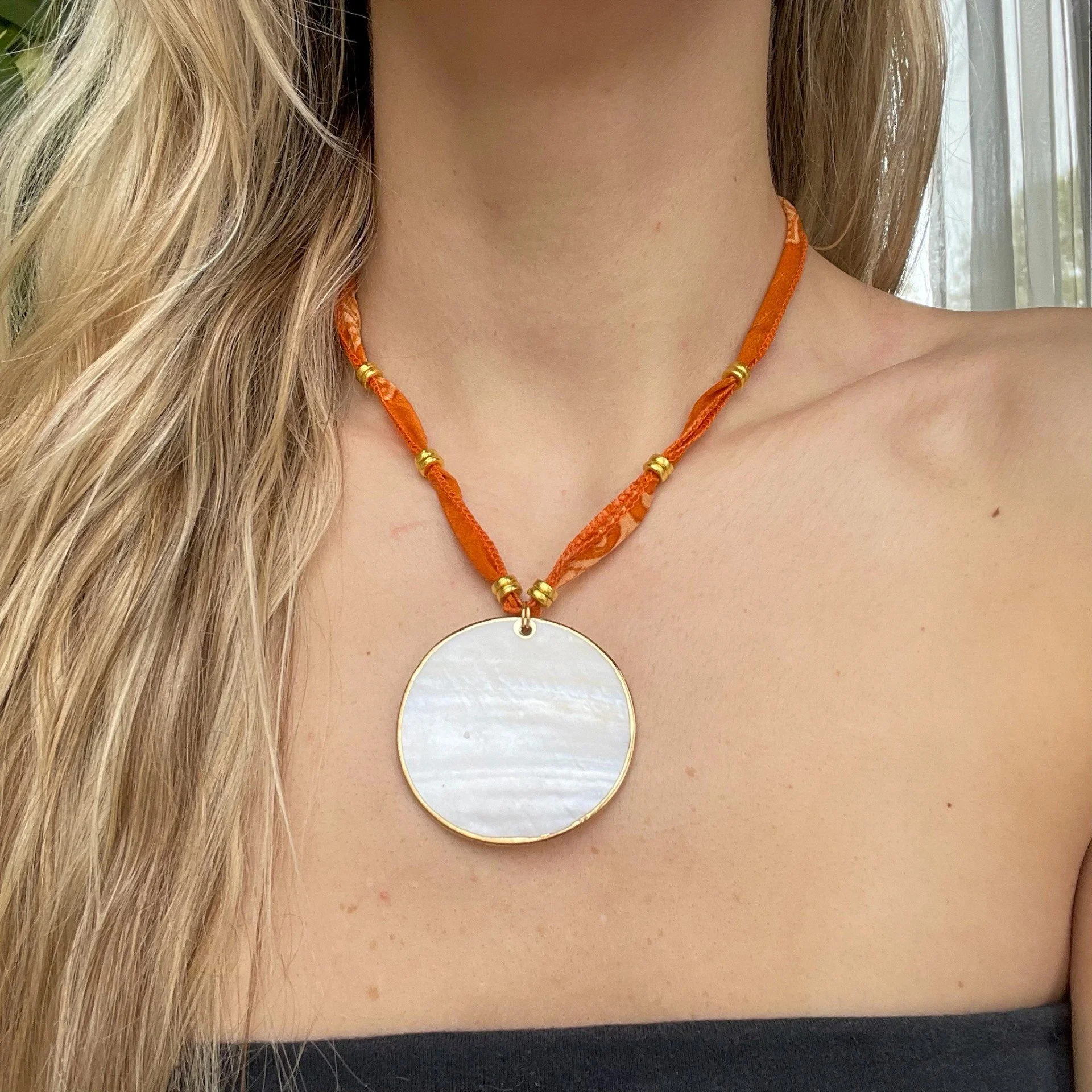 Mother of Pearl Orange Silk Ribbon Necklace