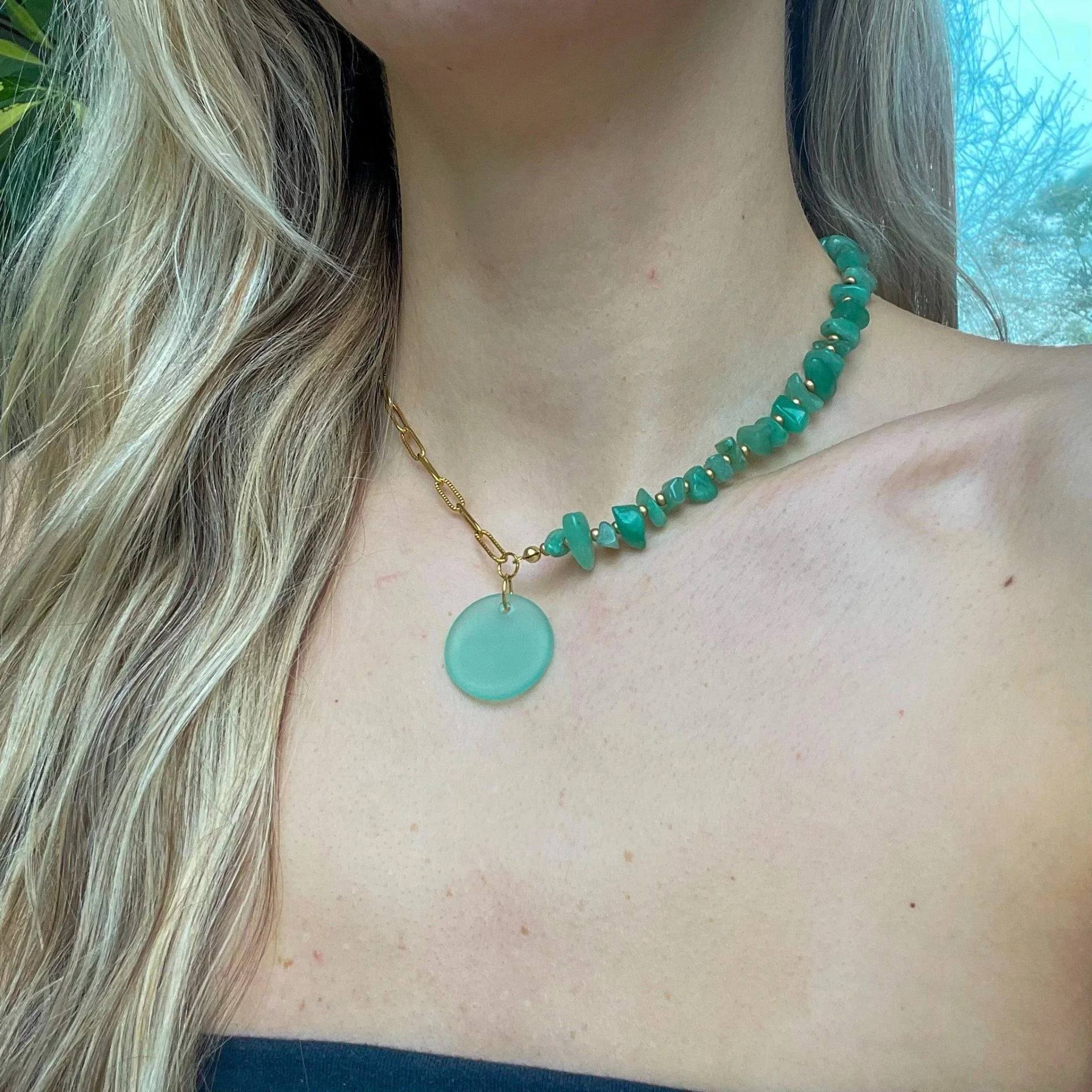Green Aventurine & Sea Glass Asymmetrical Necklace