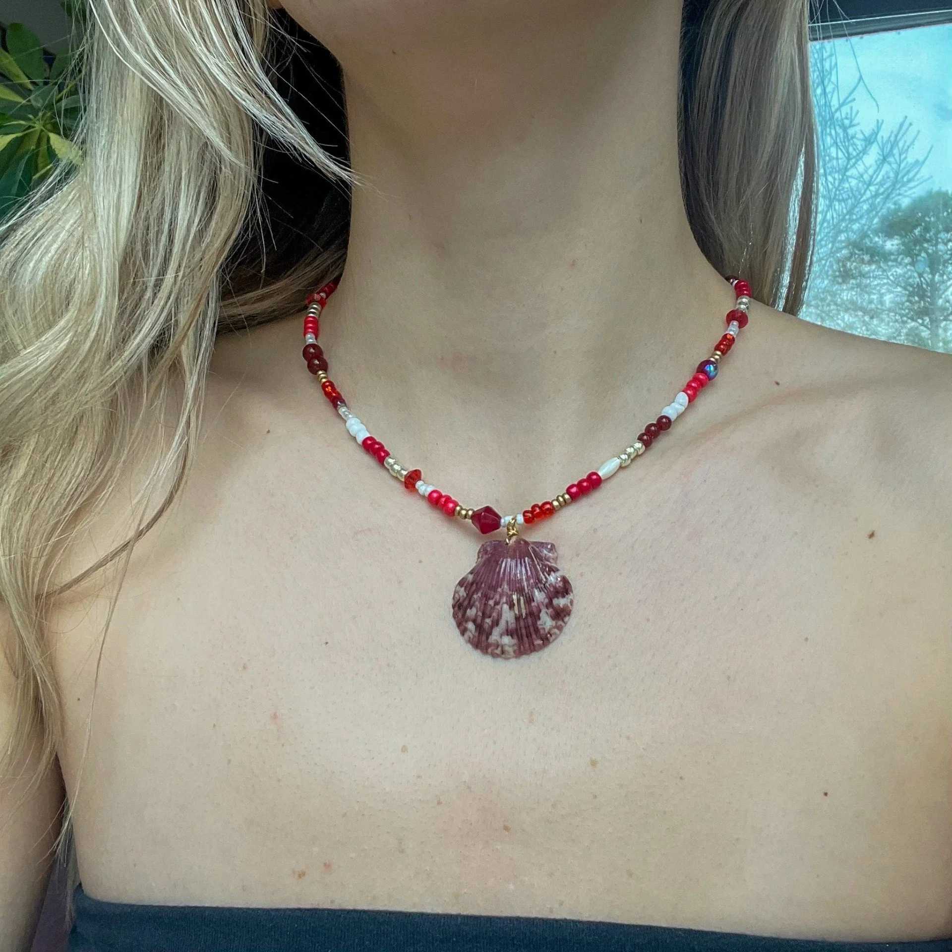 Calico Shell Red, White, & Gold Beaded Necklace