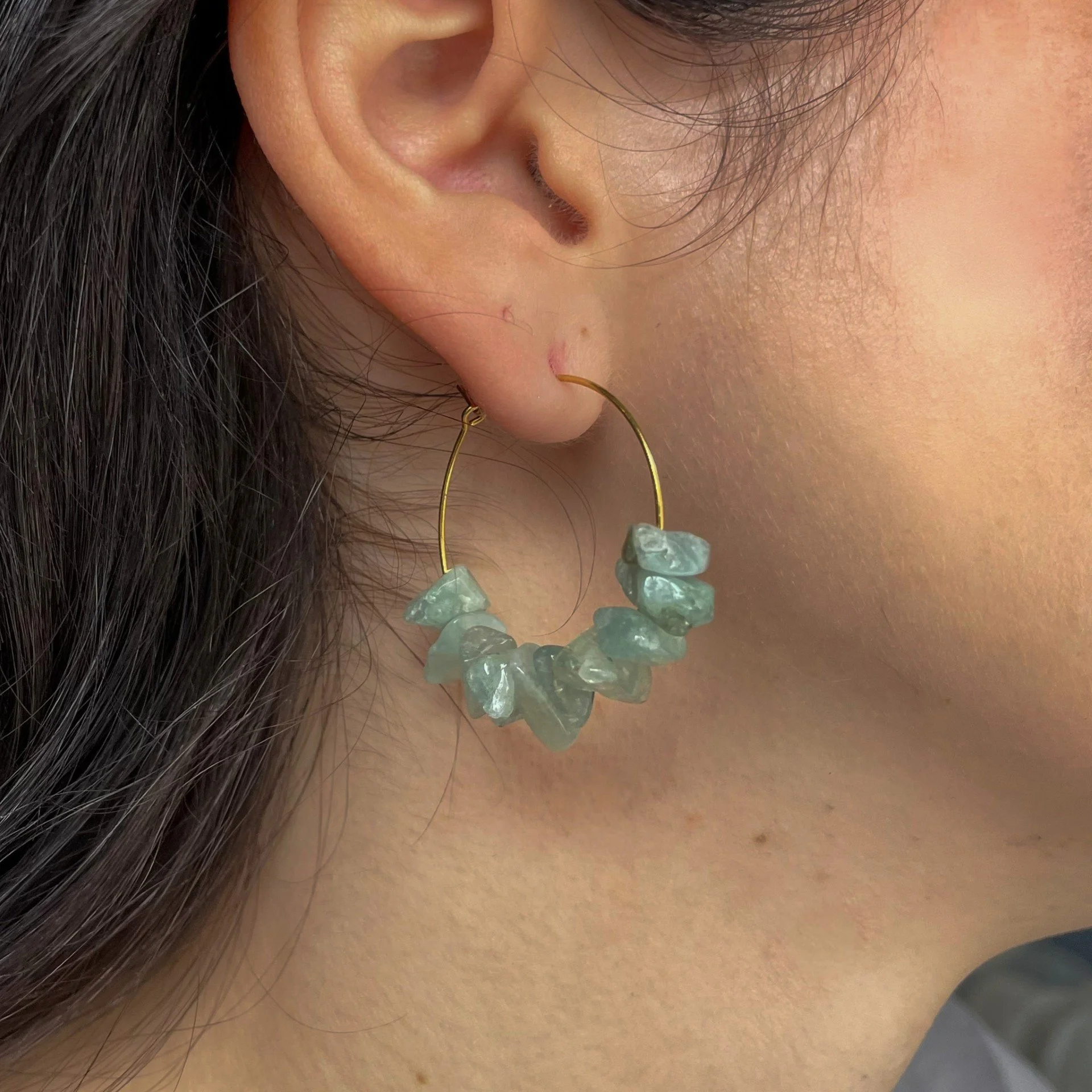 Green stone and Gold hoop earrings wearing.jpeg