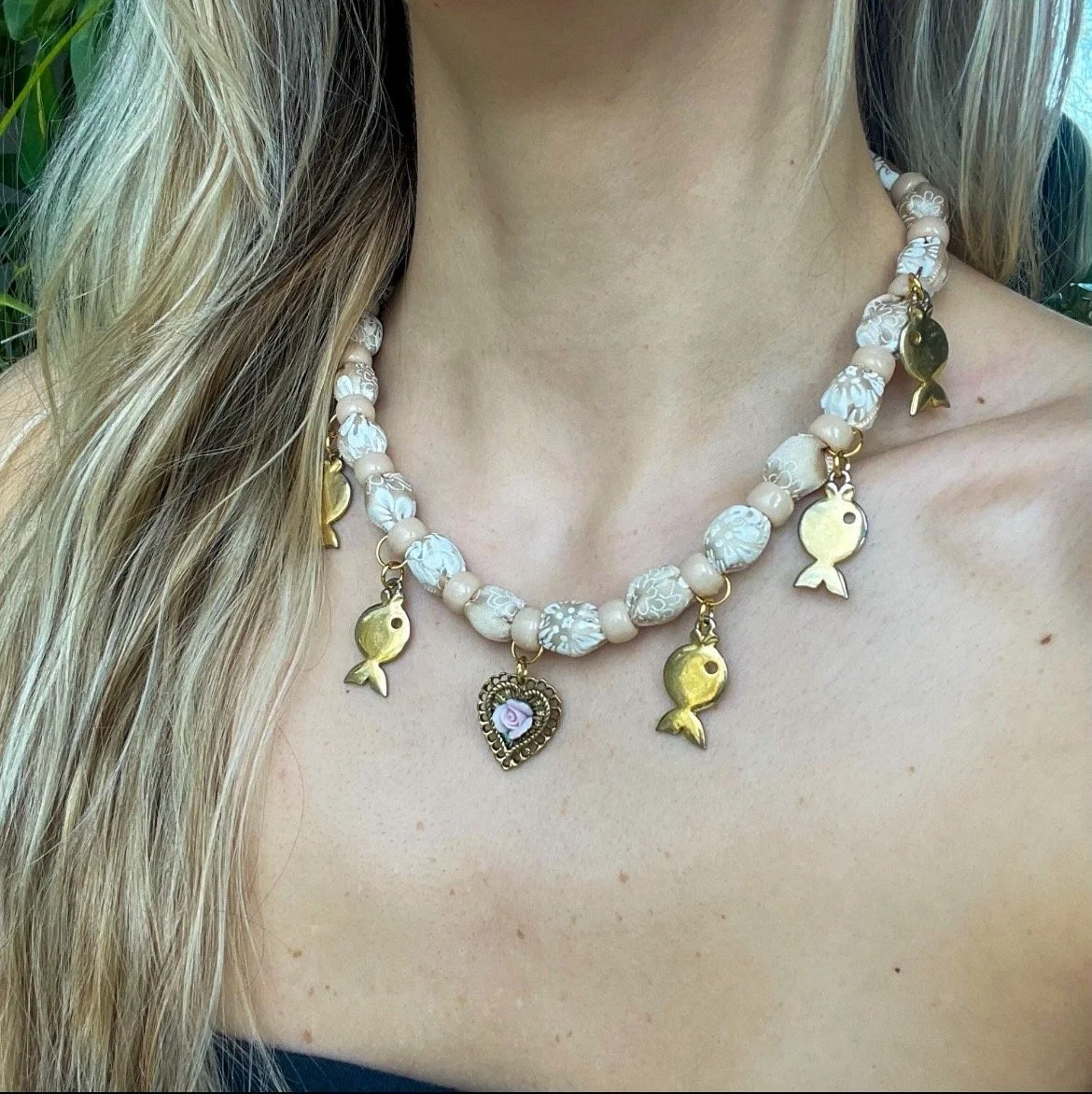 Vintage Gold fish & Heart Cream Floral Silk Ribbon Necklace