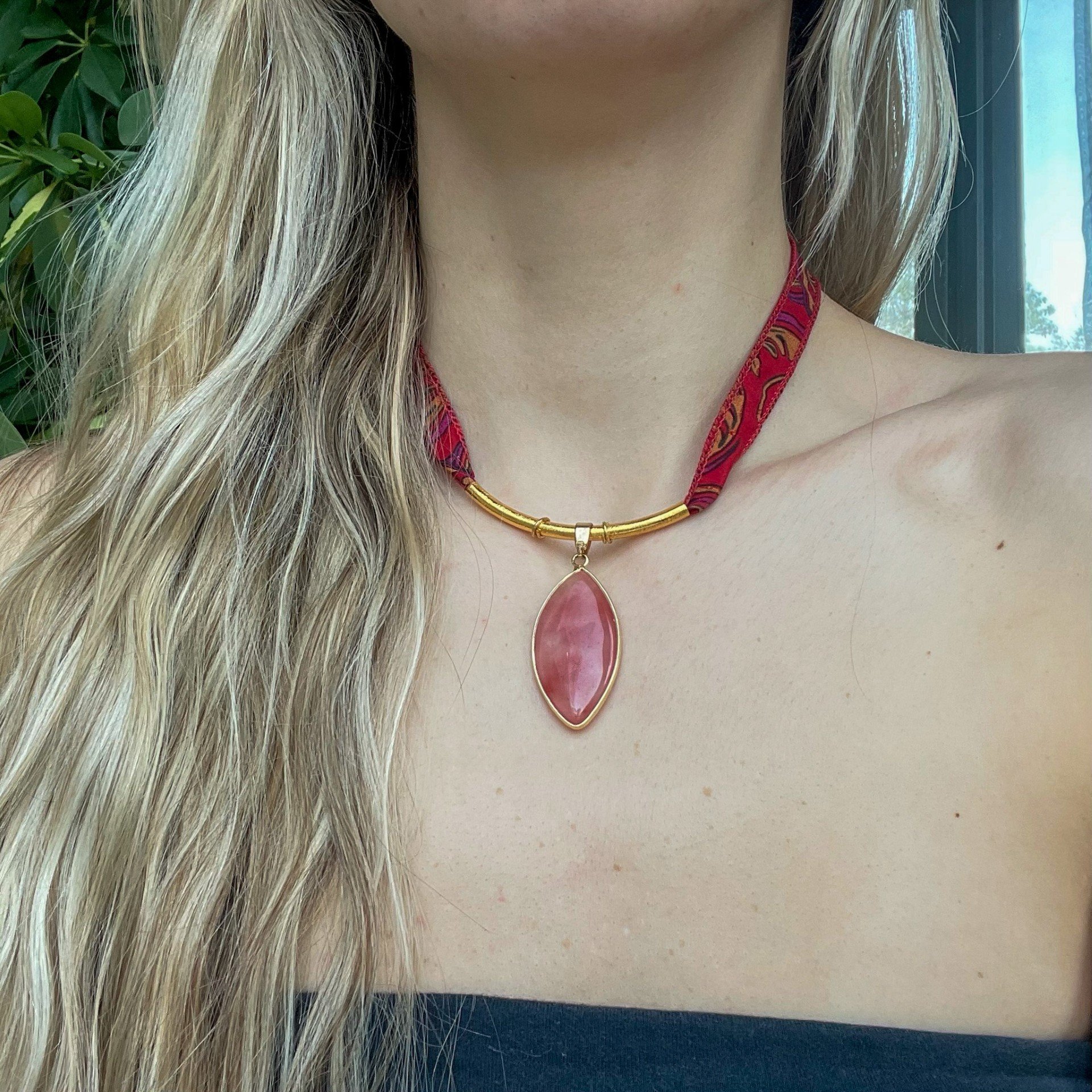 Cherry Quartz Gold Burgundy Silk Ribbon Necklace