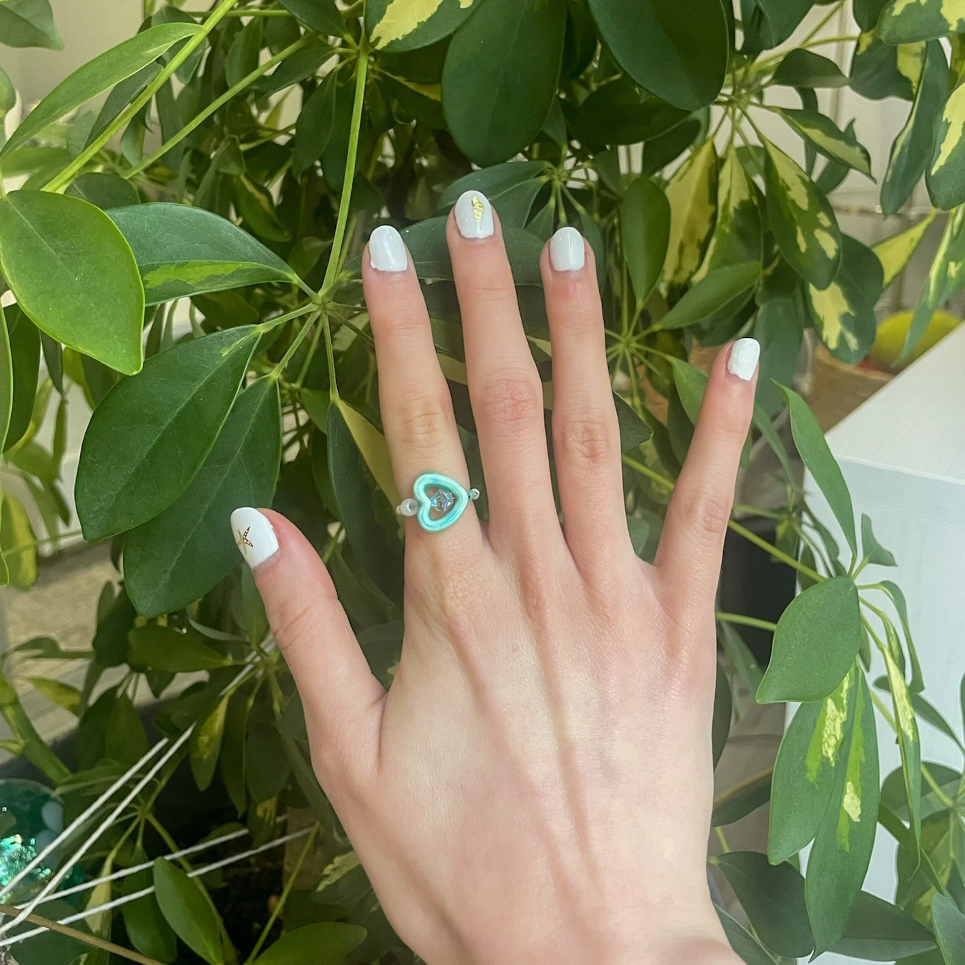 Blue Heart White Beaded Ring